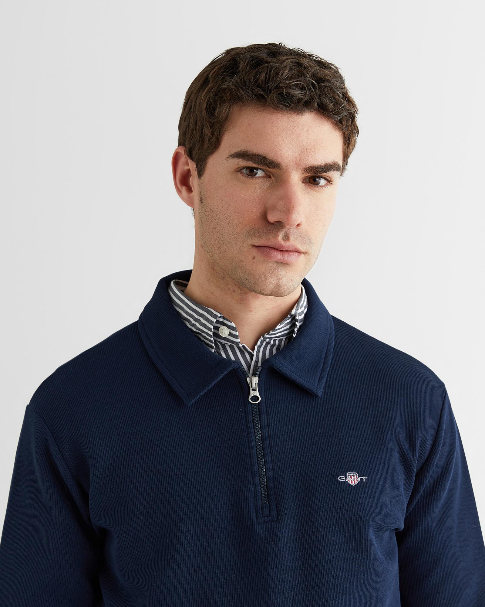 GANT Erkek Mavi Regular Fit Yarım Fermuarlı Logolu Sweatshirt
