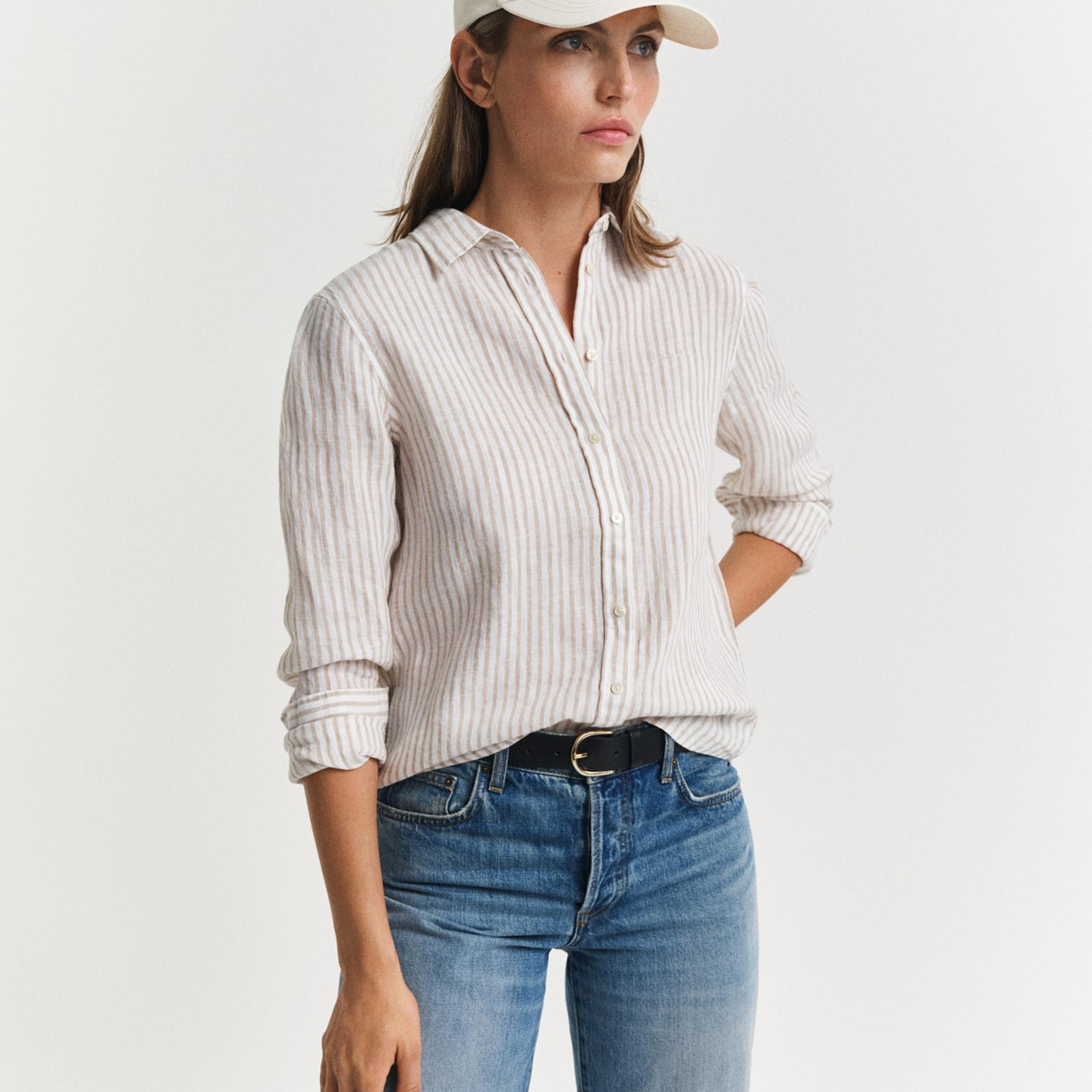 GANT Kadın Bej Regular Fit Klasik Yaka Çizgili Keten Gömlek