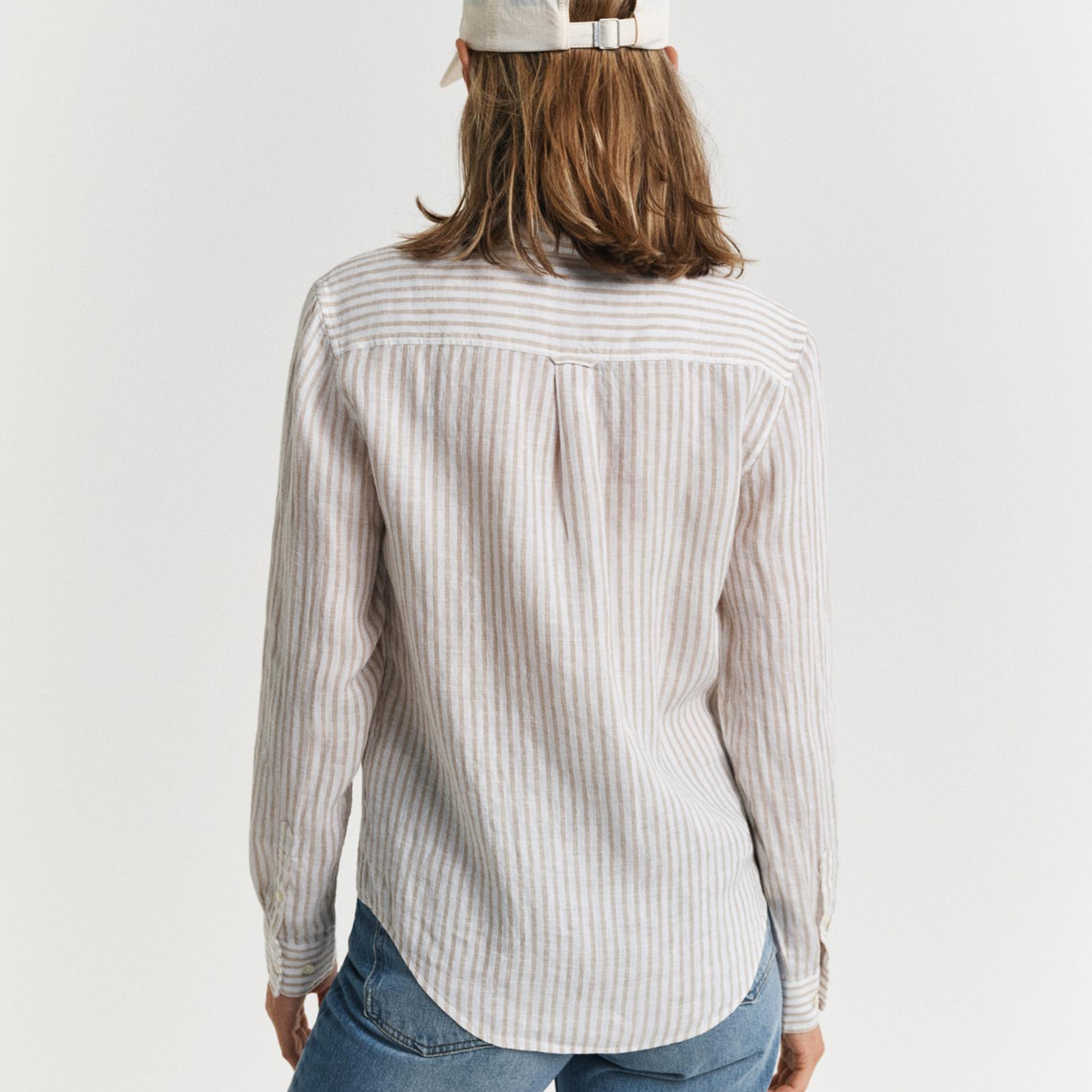 GANT Kadın Bej Regular Fit Klasik Yaka Çizgili Keten Gömlek