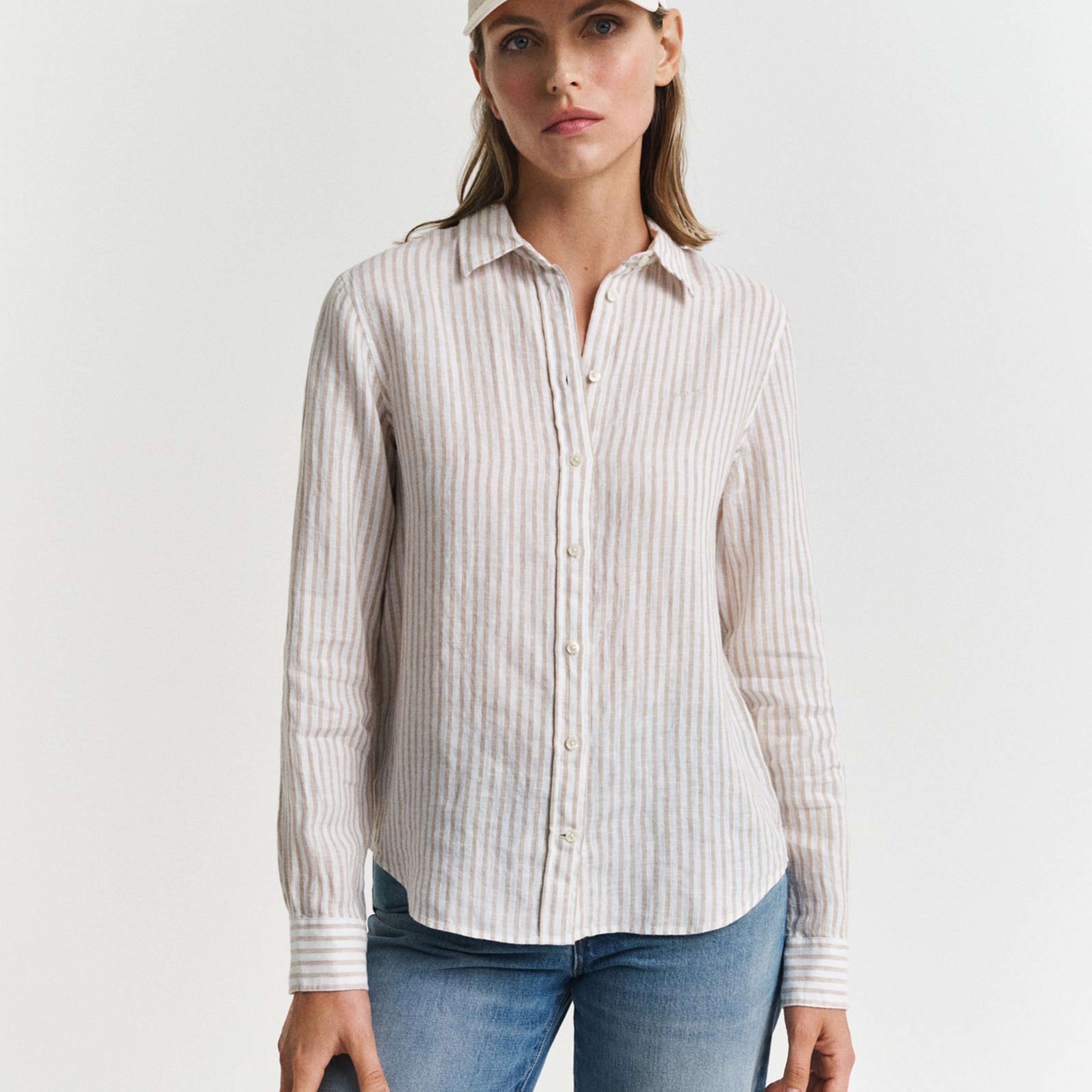 GANT Kadın Bej Regular Fit Klasik Yaka Çizgili Keten Gömlek