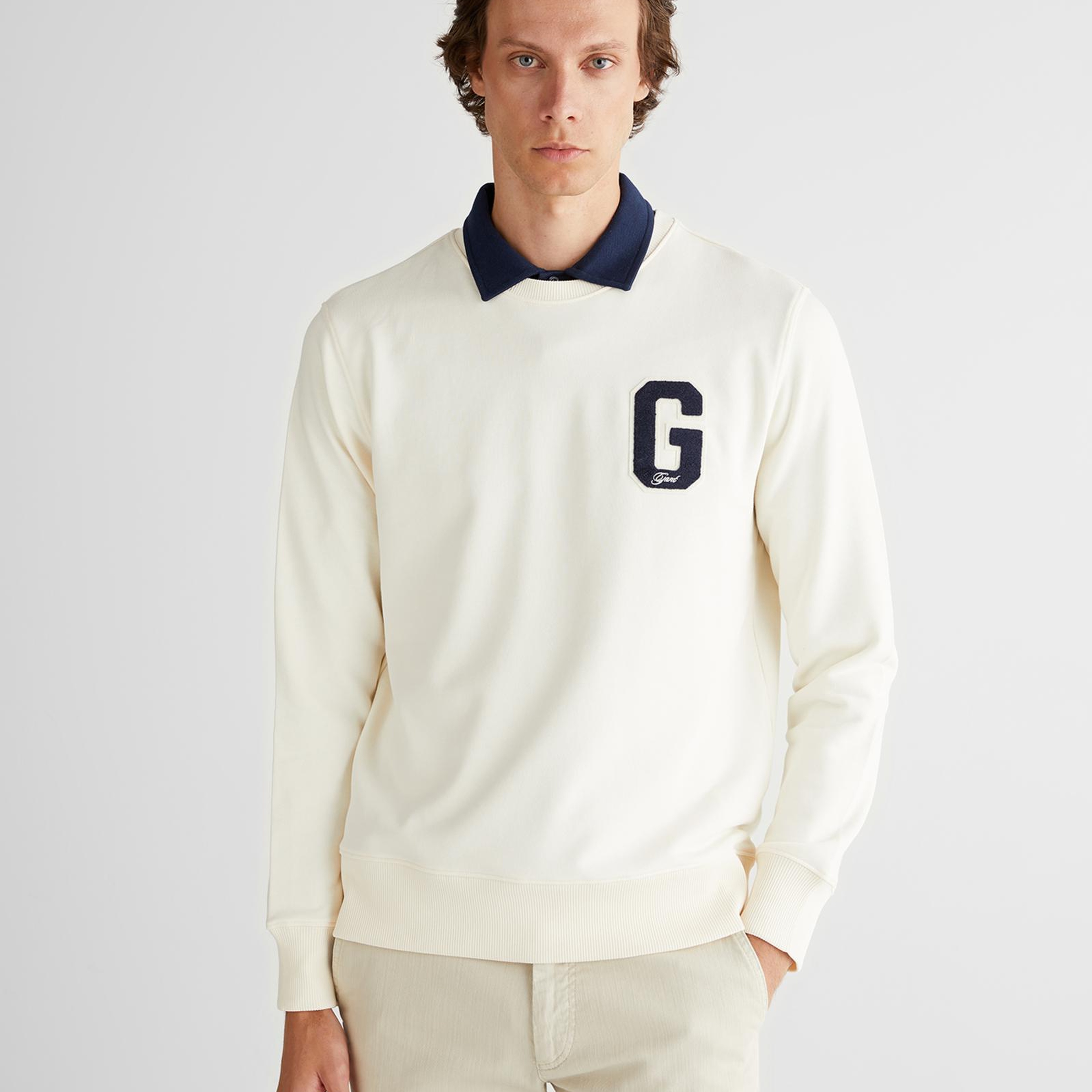 GANT Erkek Krem Regular Fit Bisiklet Yaka Logolu Sweatshirt