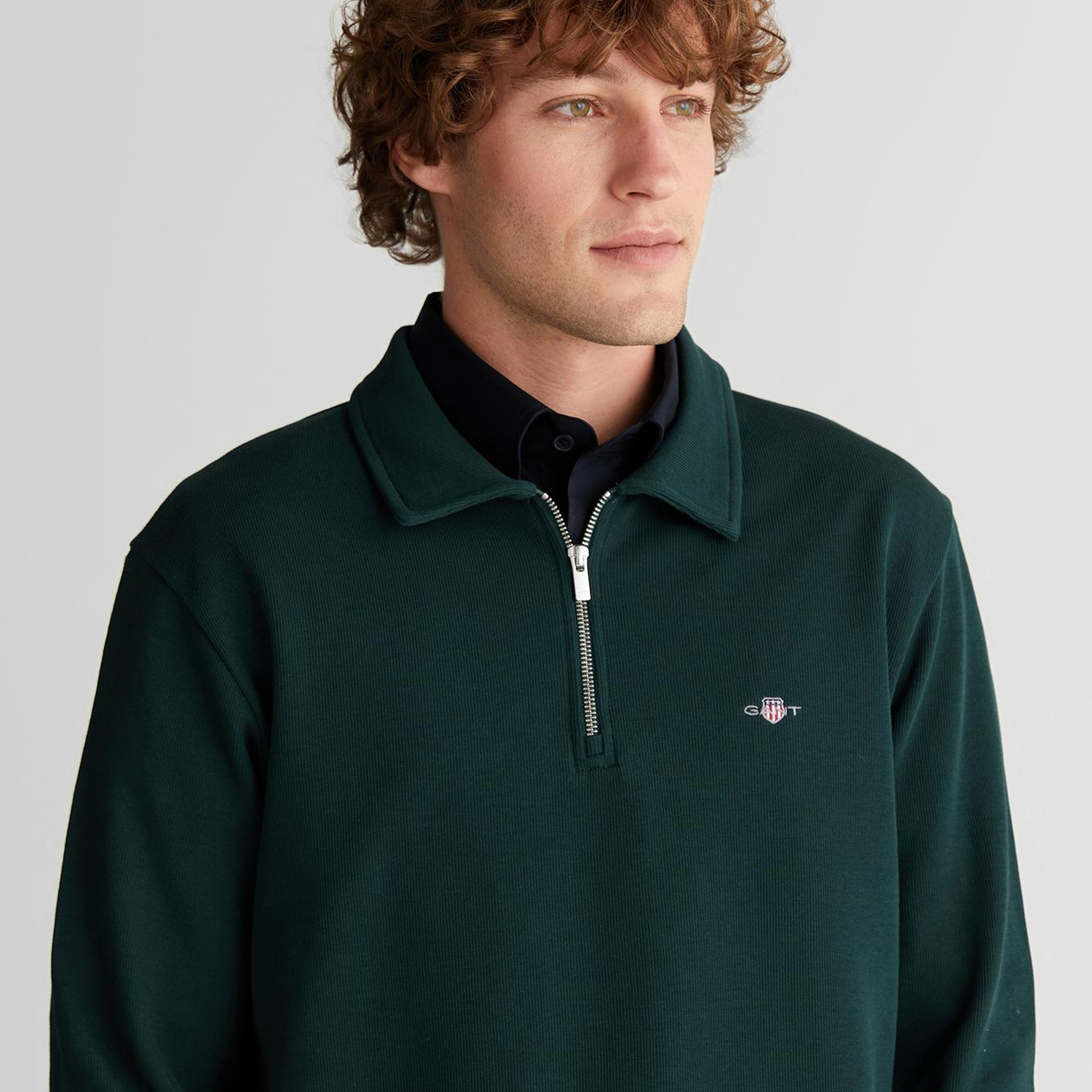 GANT Erkek Yeşil Regular Fit Yarım Fermuarlı Logolu Sweatshirt