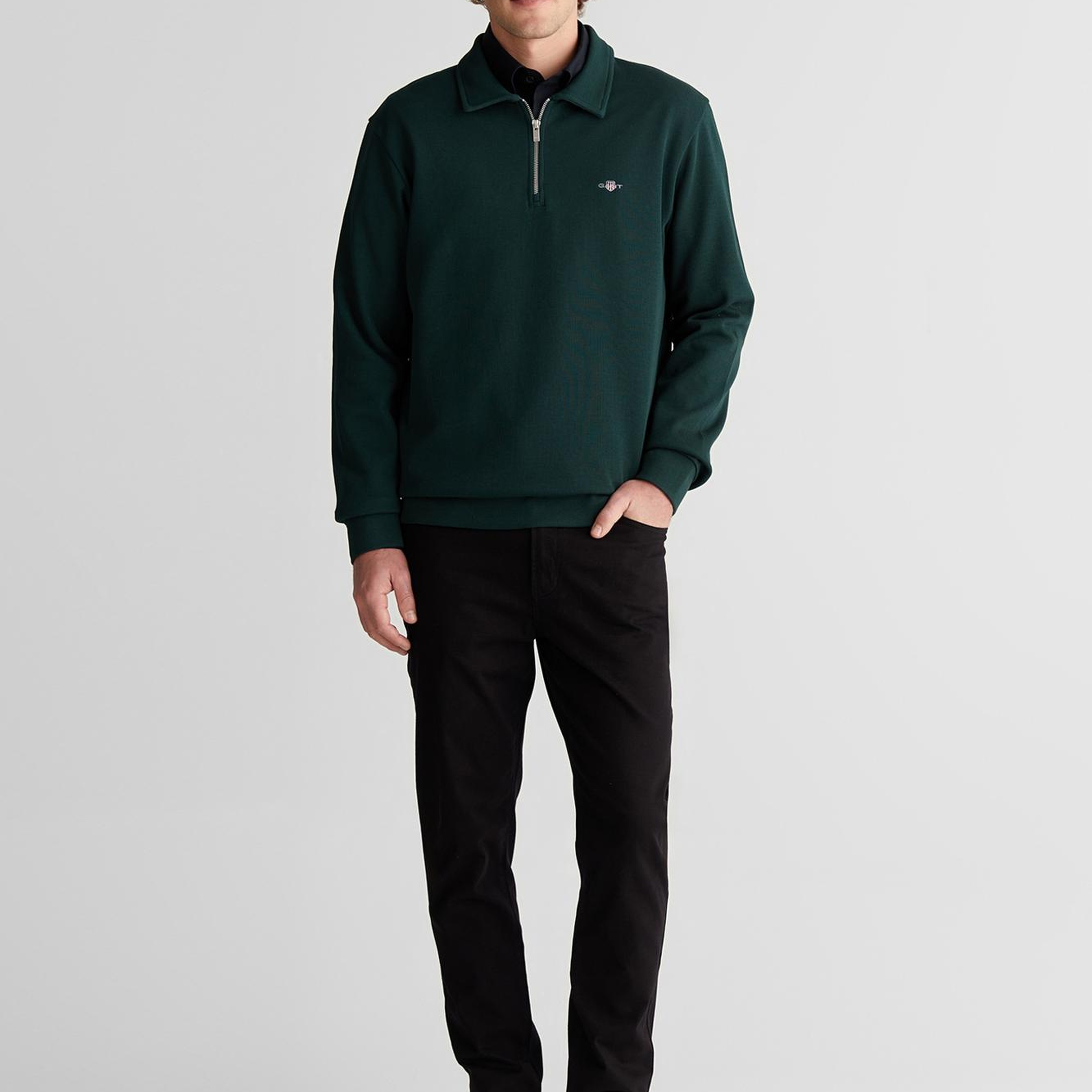 GANT Erkek Yeşil Regular Fit Yarım Fermuarlı Logolu Sweatshirt