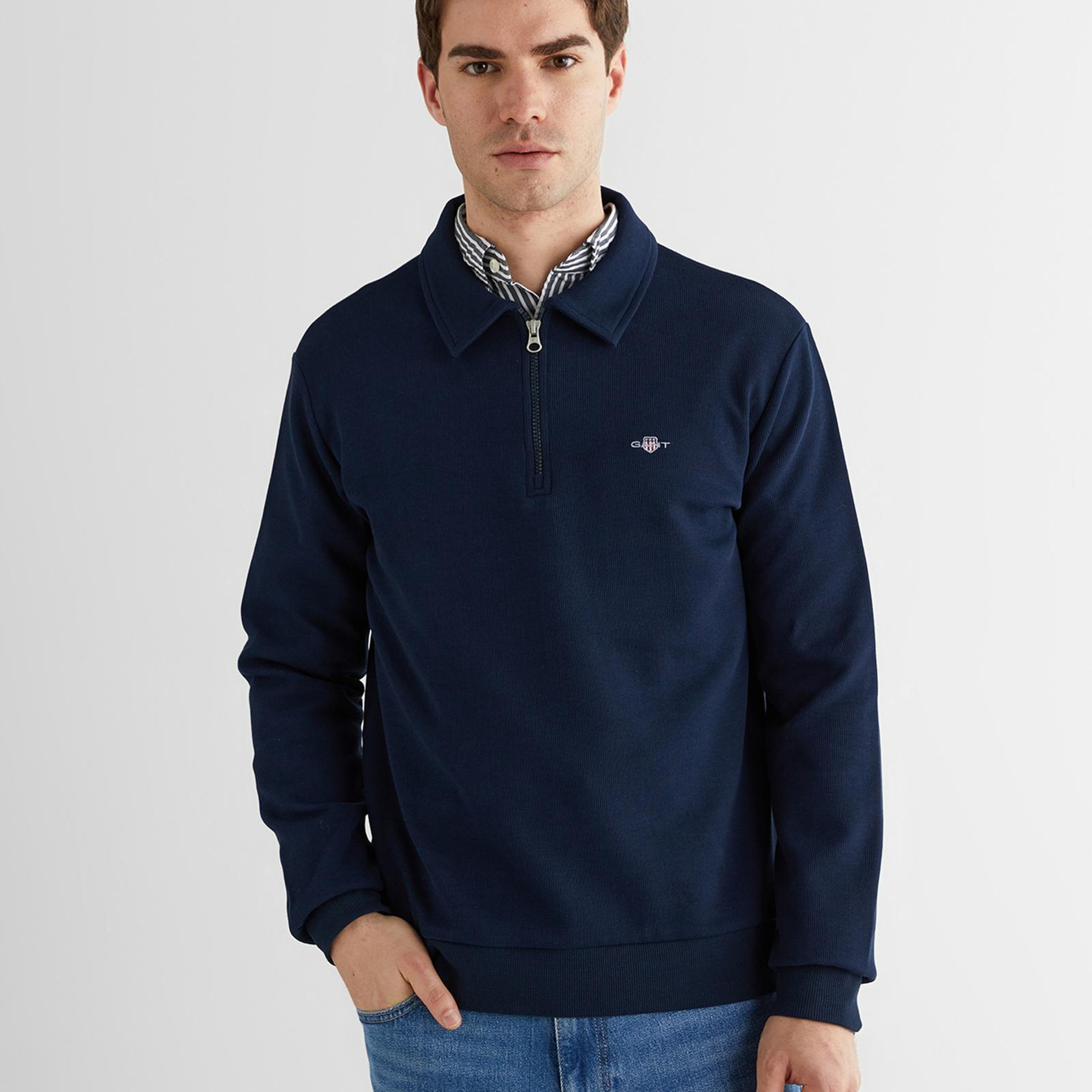 GANT Erkek Mavi Regular Fit Yarım Fermuarlı Logolu Sweatshirt