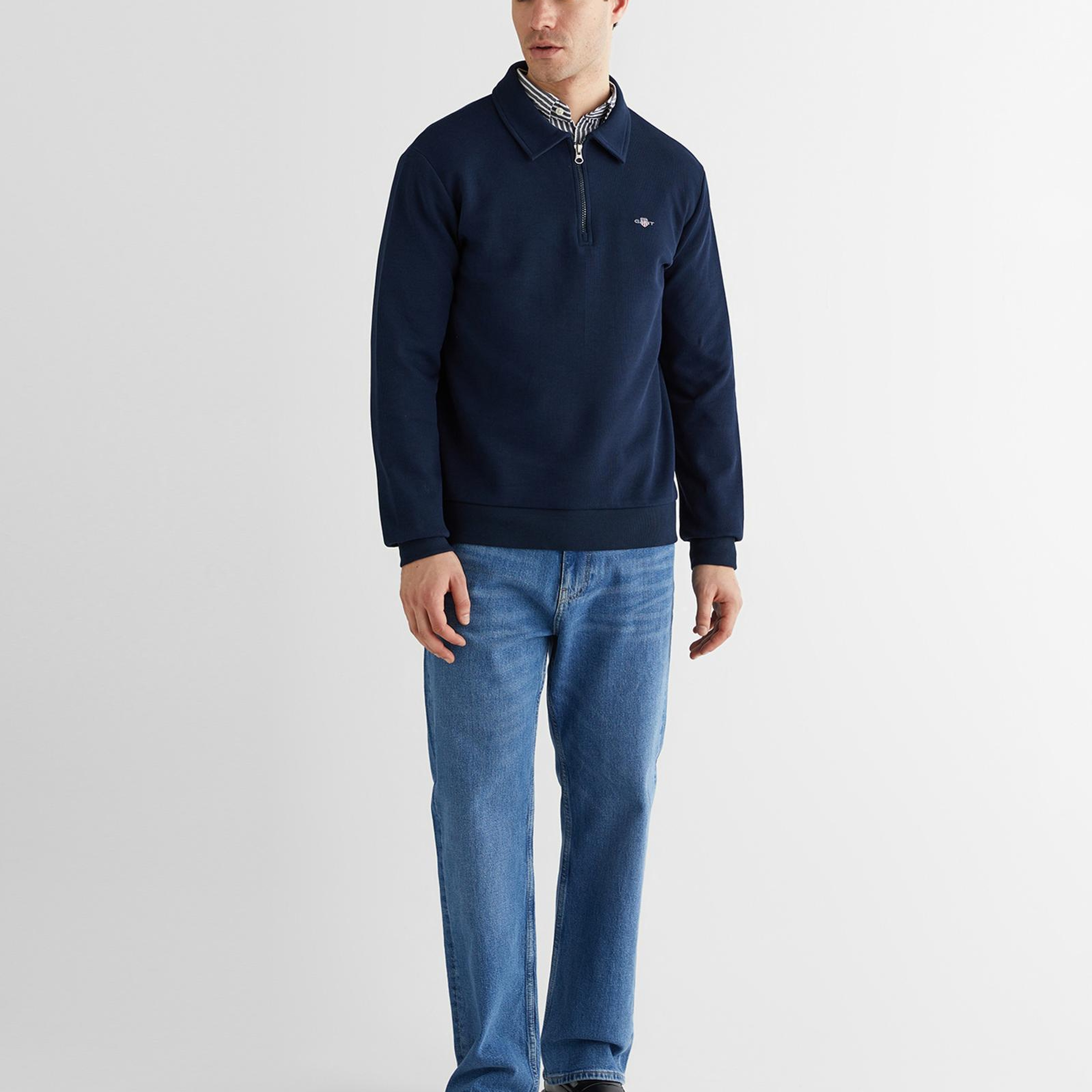GANT Erkek Mavi Regular Fit Yarım Fermuarlı Logolu Sweatshirt