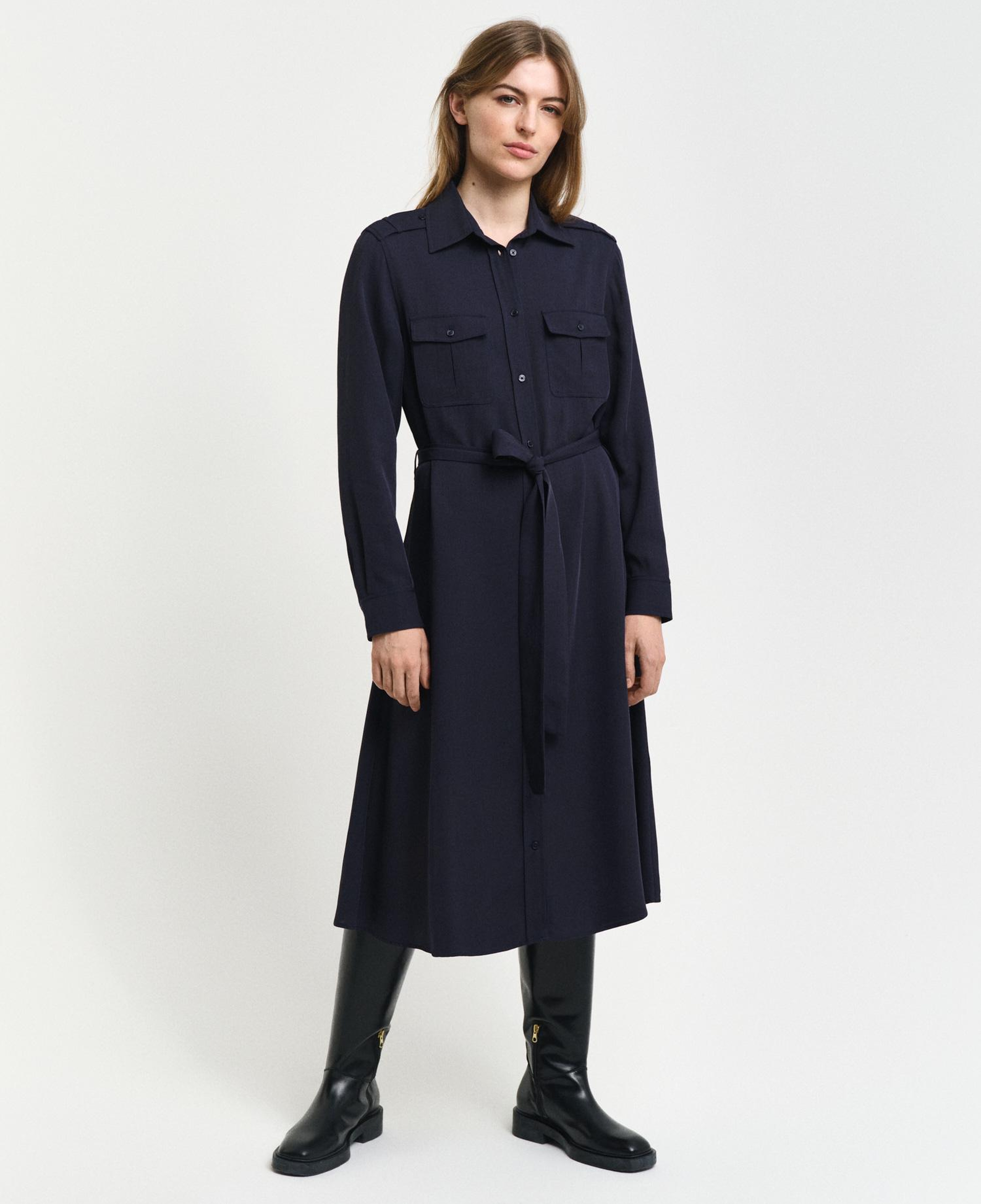 GANT Kadın Lacivert Regular Fit Düğmeli Yaka Elbise