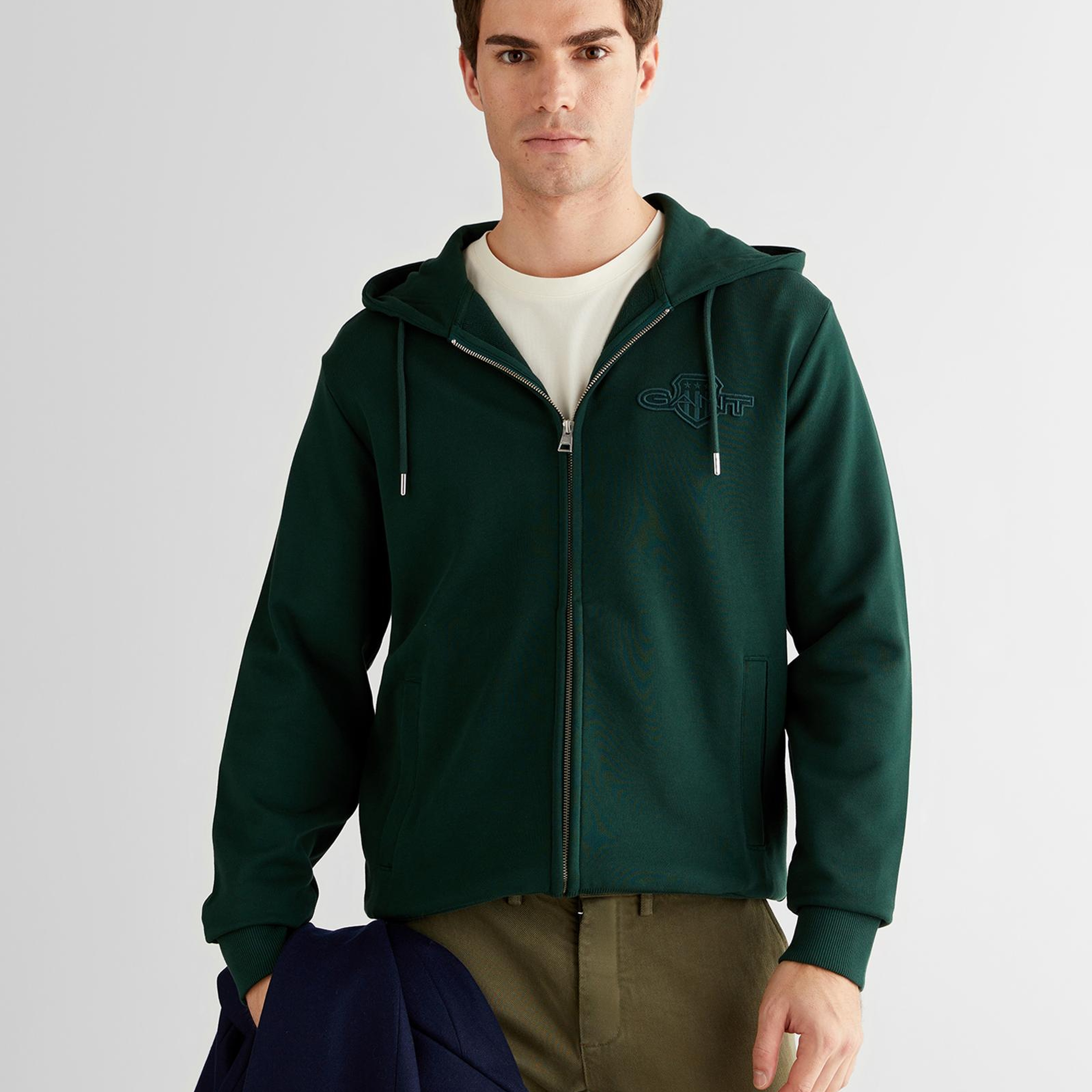 GANT Erkek Yeşil Regular Fit Kapüşonlu Fermuarlı Sweatshirt