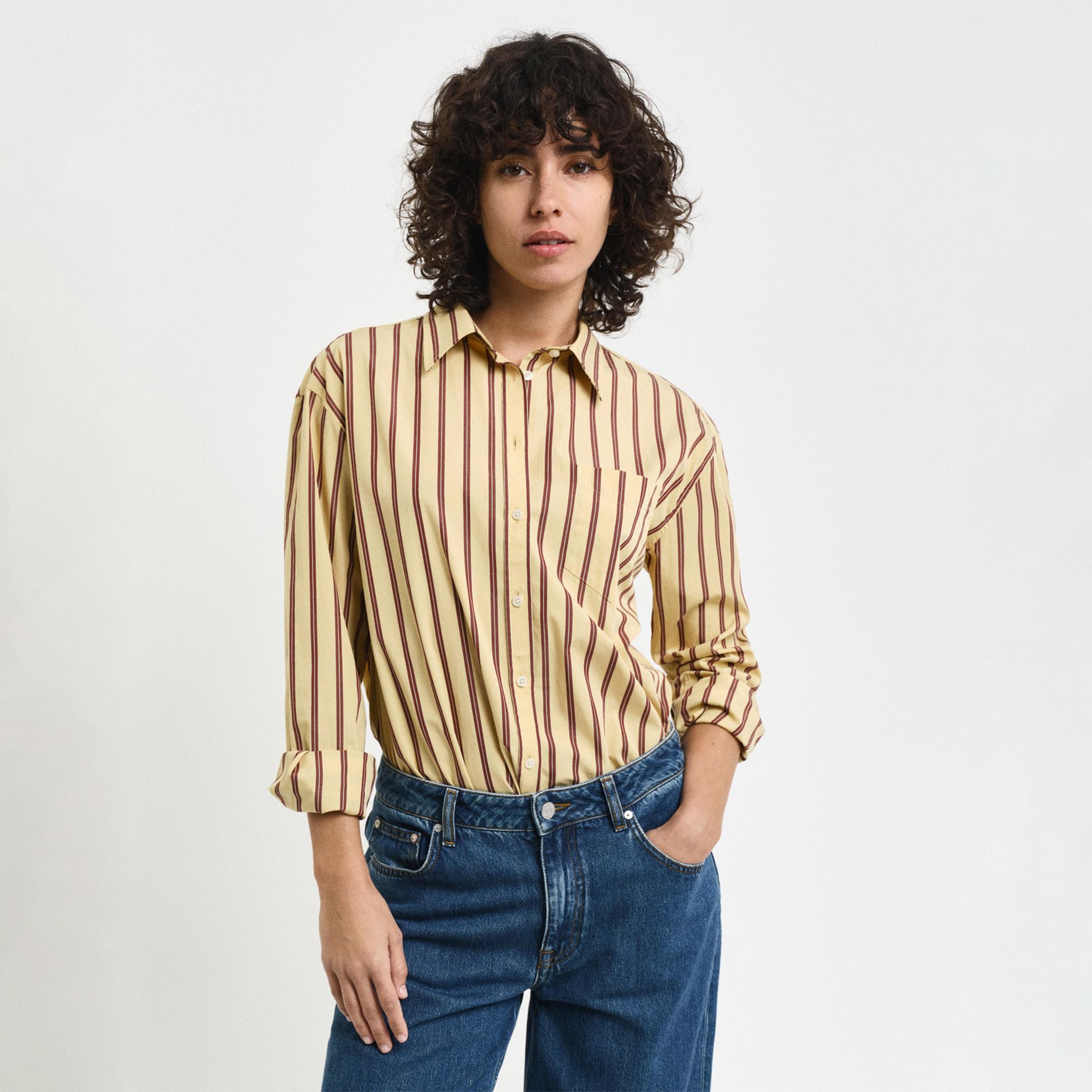 GANT Kadın Kahverengi Relaxed Fit Çizgili Gömlek