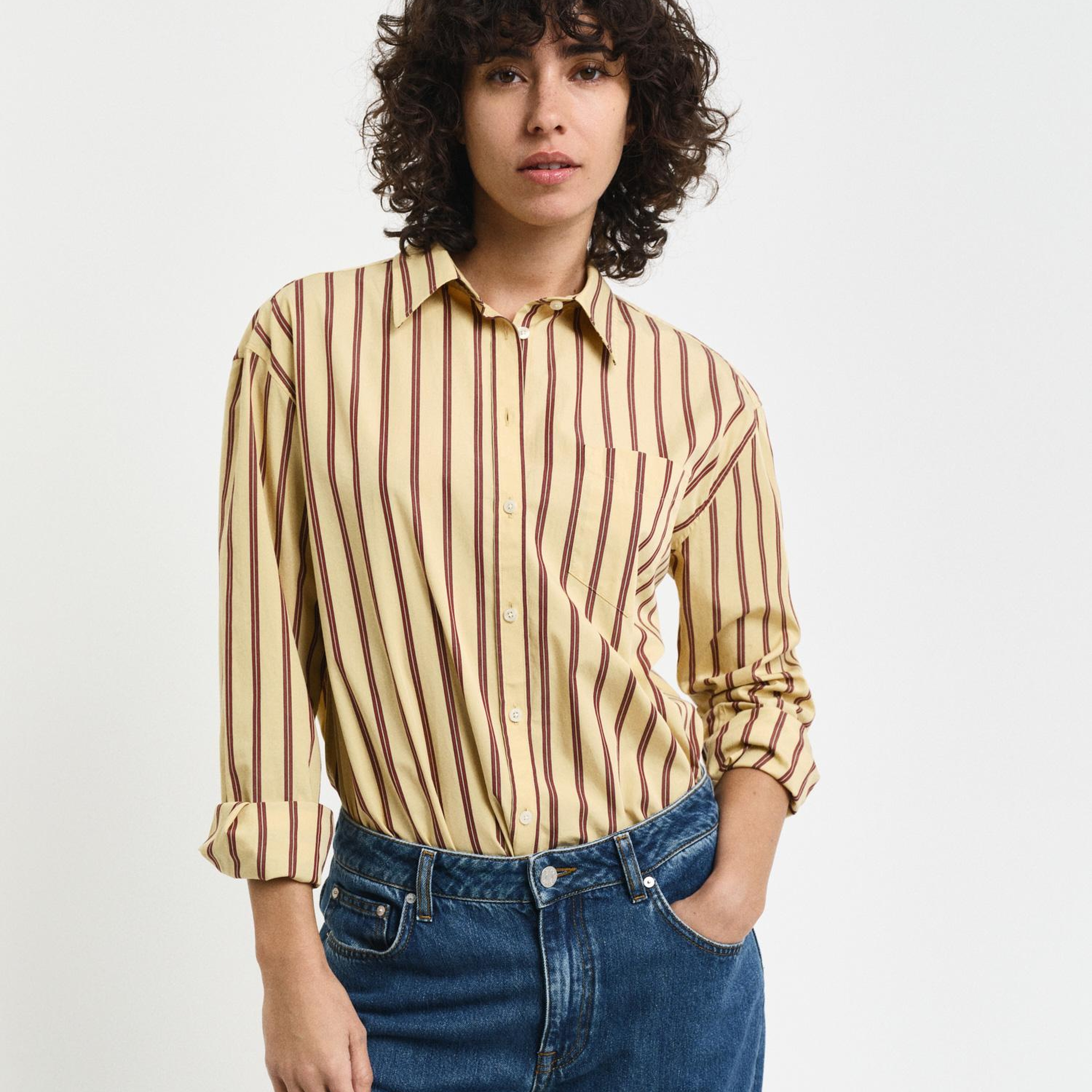 GANT Kadın Kahverengi Relaxed Fit Çizgili Gömlek