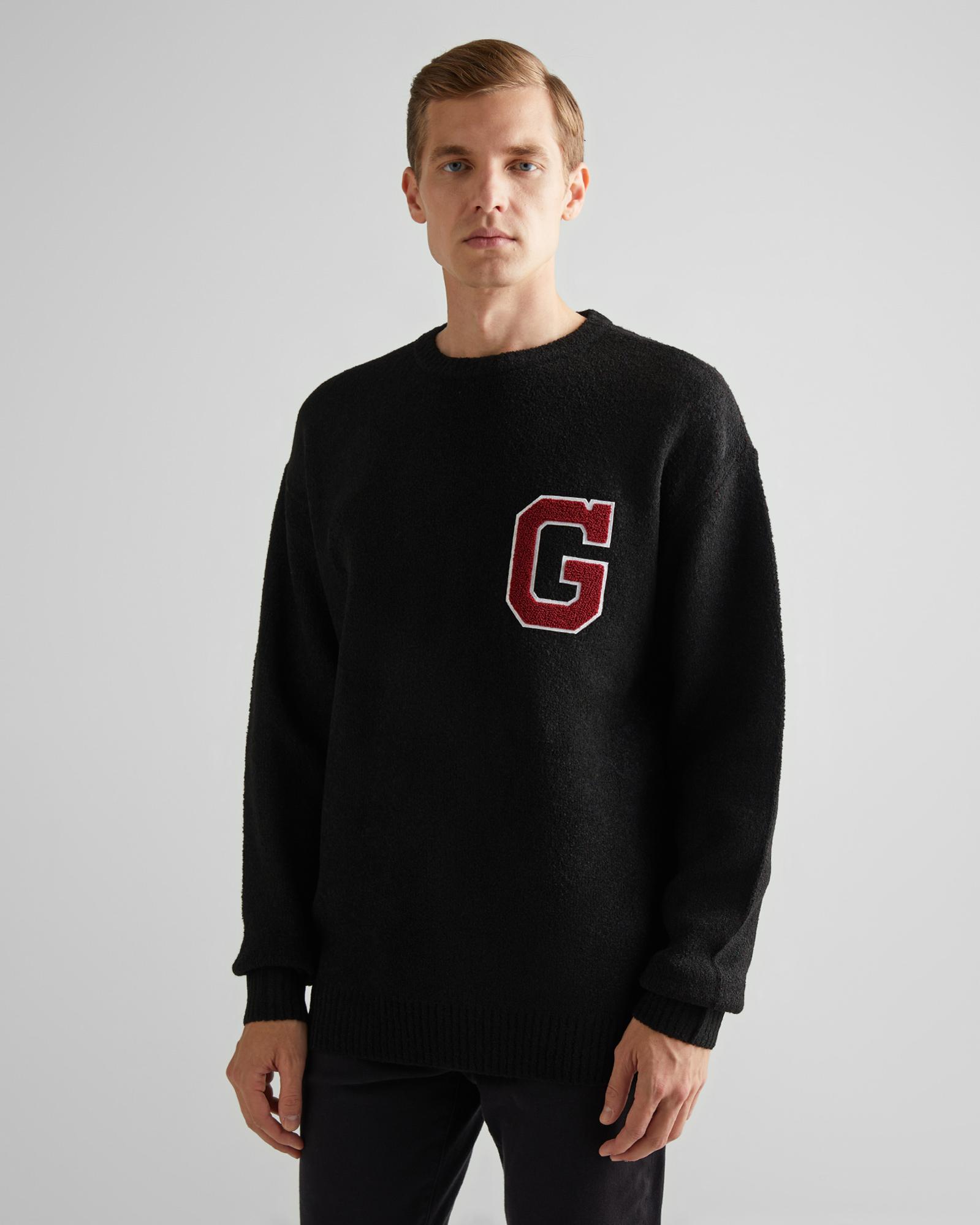 GANT Erkek Siyah Relaxed Fit Bisiklet Yaka Logolu Kazak