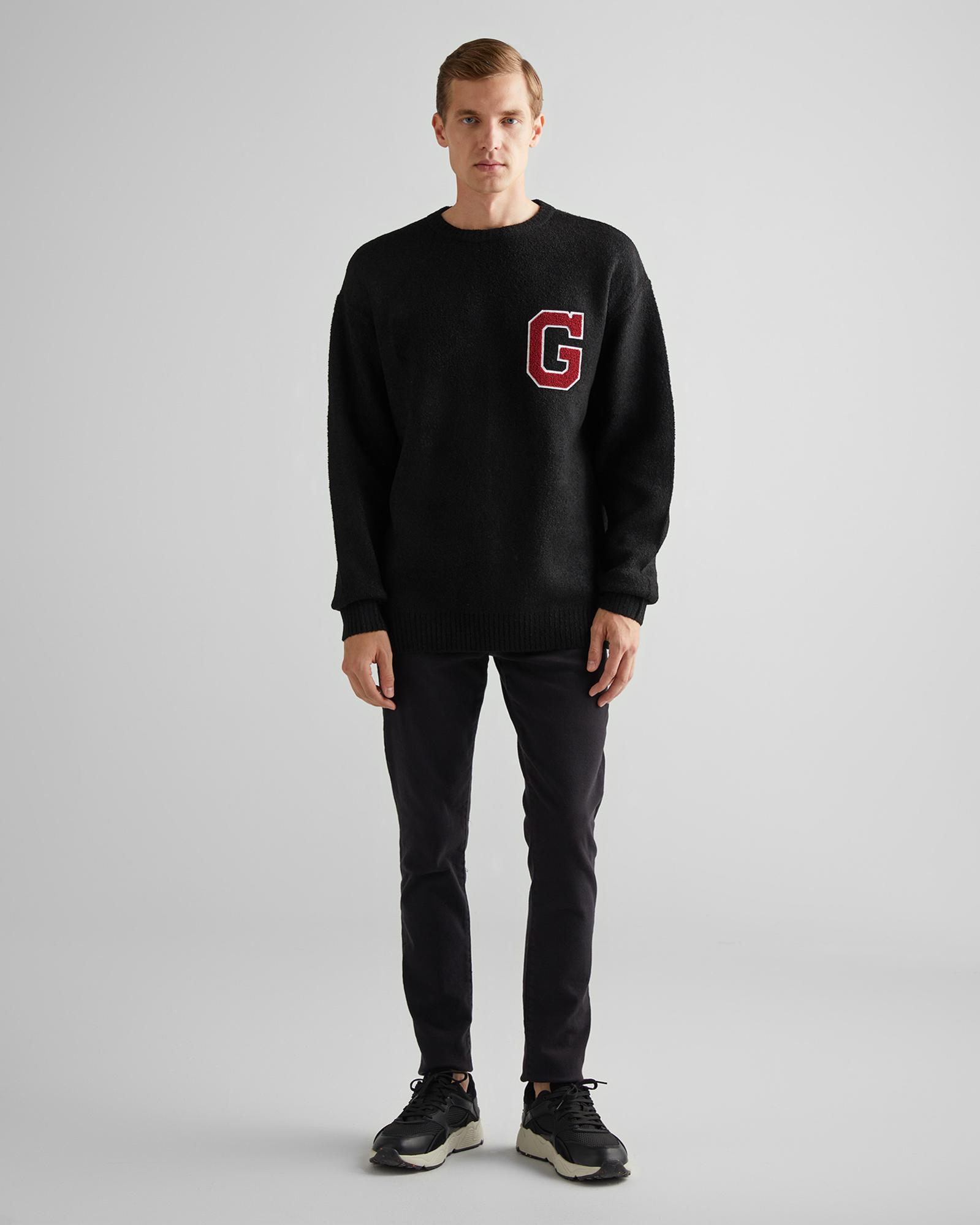 GANT Erkek Siyah Relaxed Fit Bisiklet Yaka Logolu Kazak