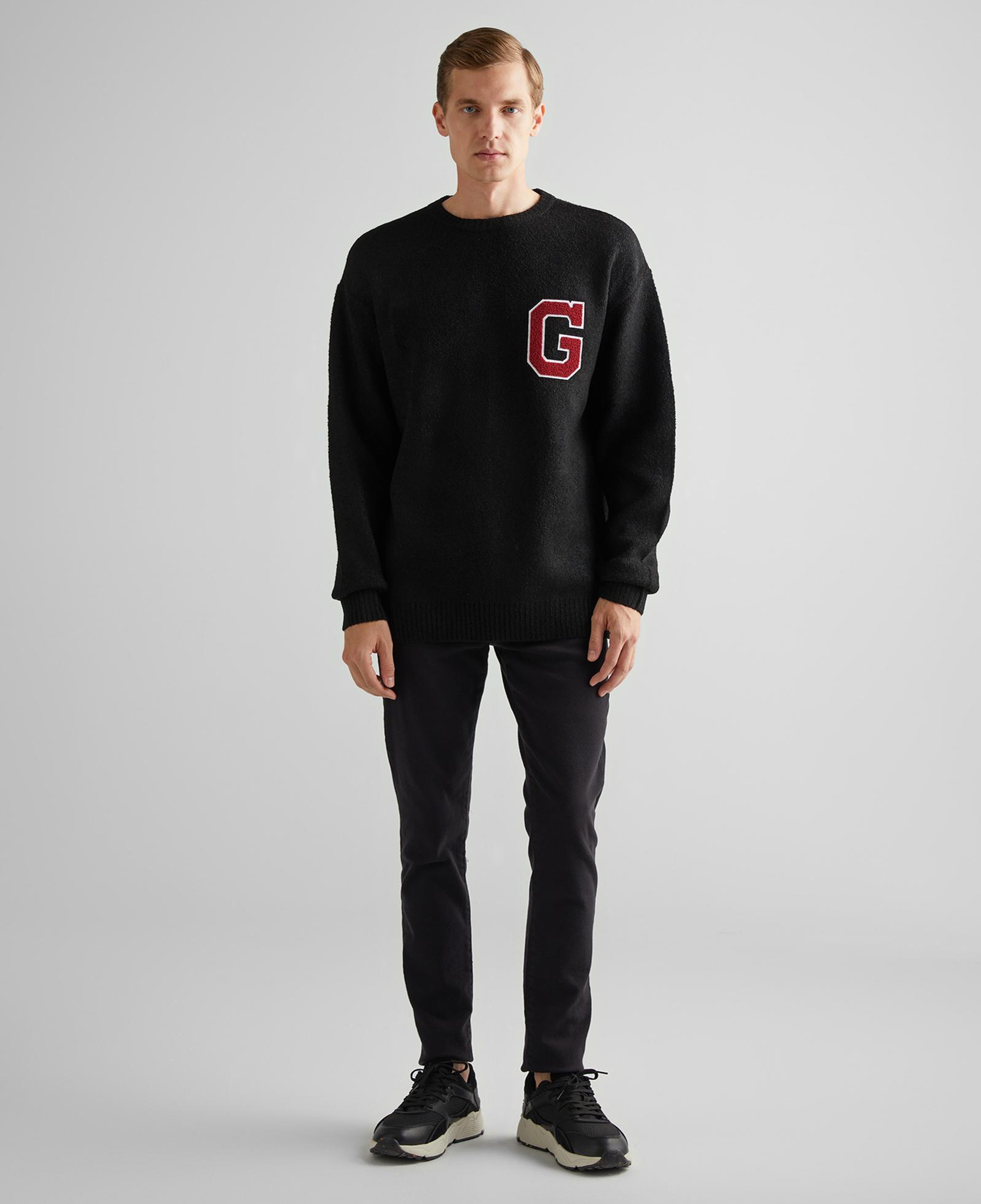 GANT Erkek Siyah Relaxed Fit Bisiklet Yaka Logolu Kazak