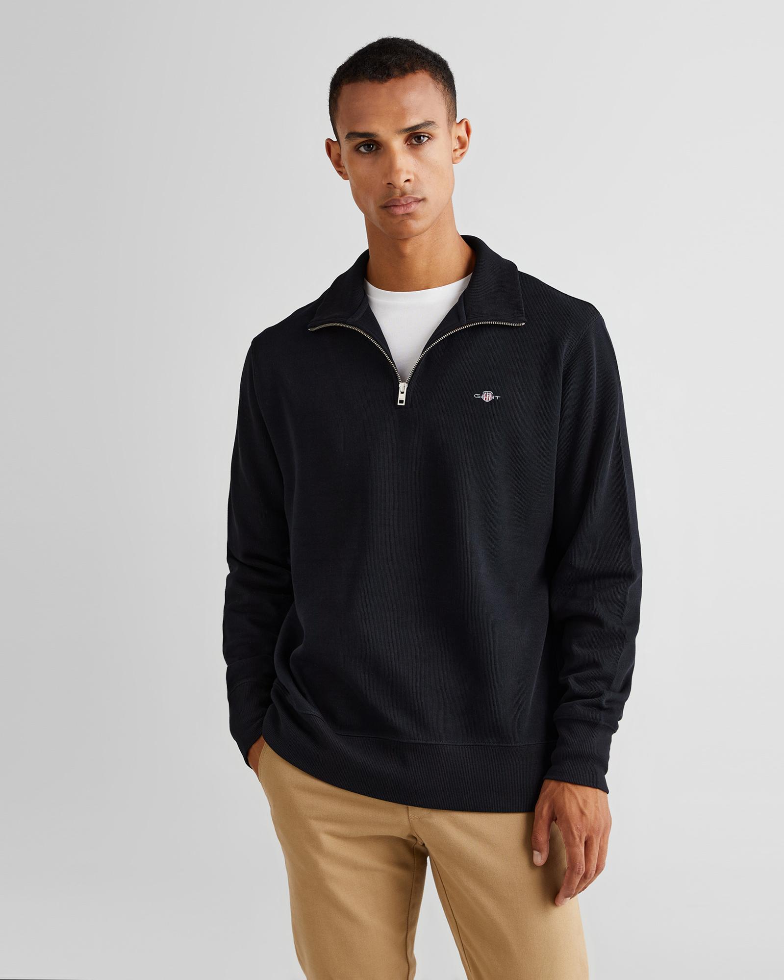 Gant Erkek Siyah Regular Fit Yarım Fermuarlı Sweatshirt