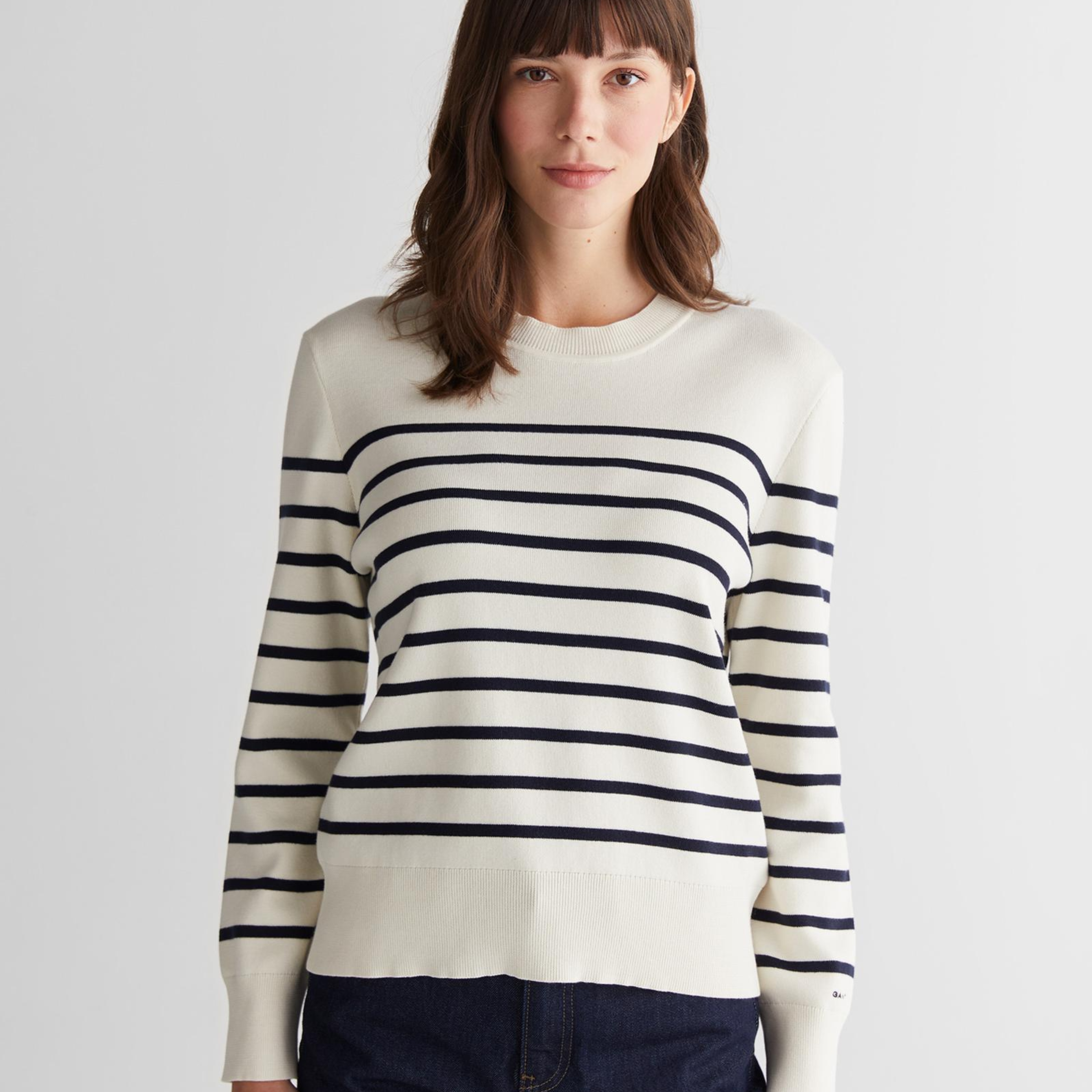 GANT Kadın Krem Regular Fit Bisiklet Yaka Çizgili Kazak