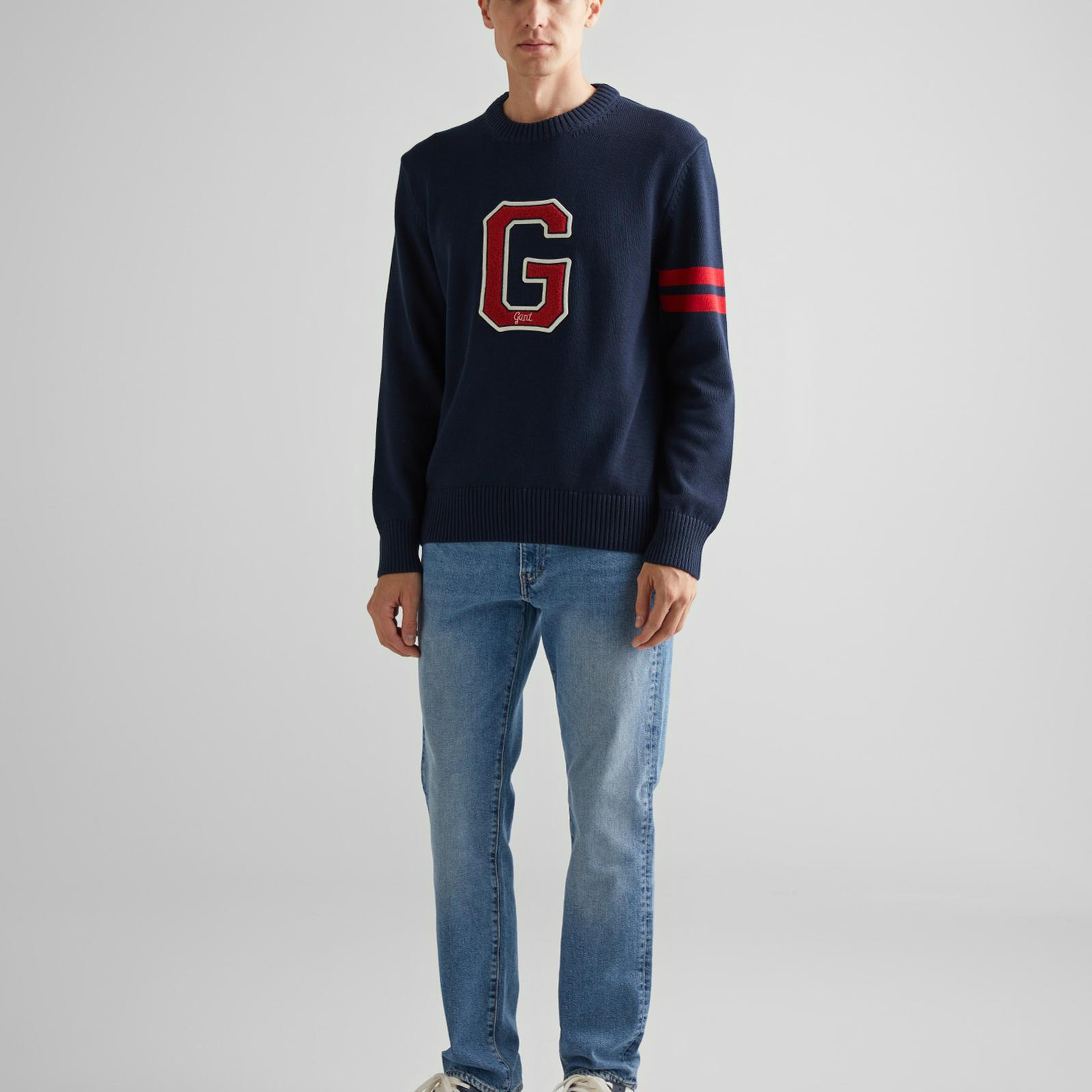 GANT Erkek Lacivert Relaxed Fit Bisiklet Yaka Logolu Kazak