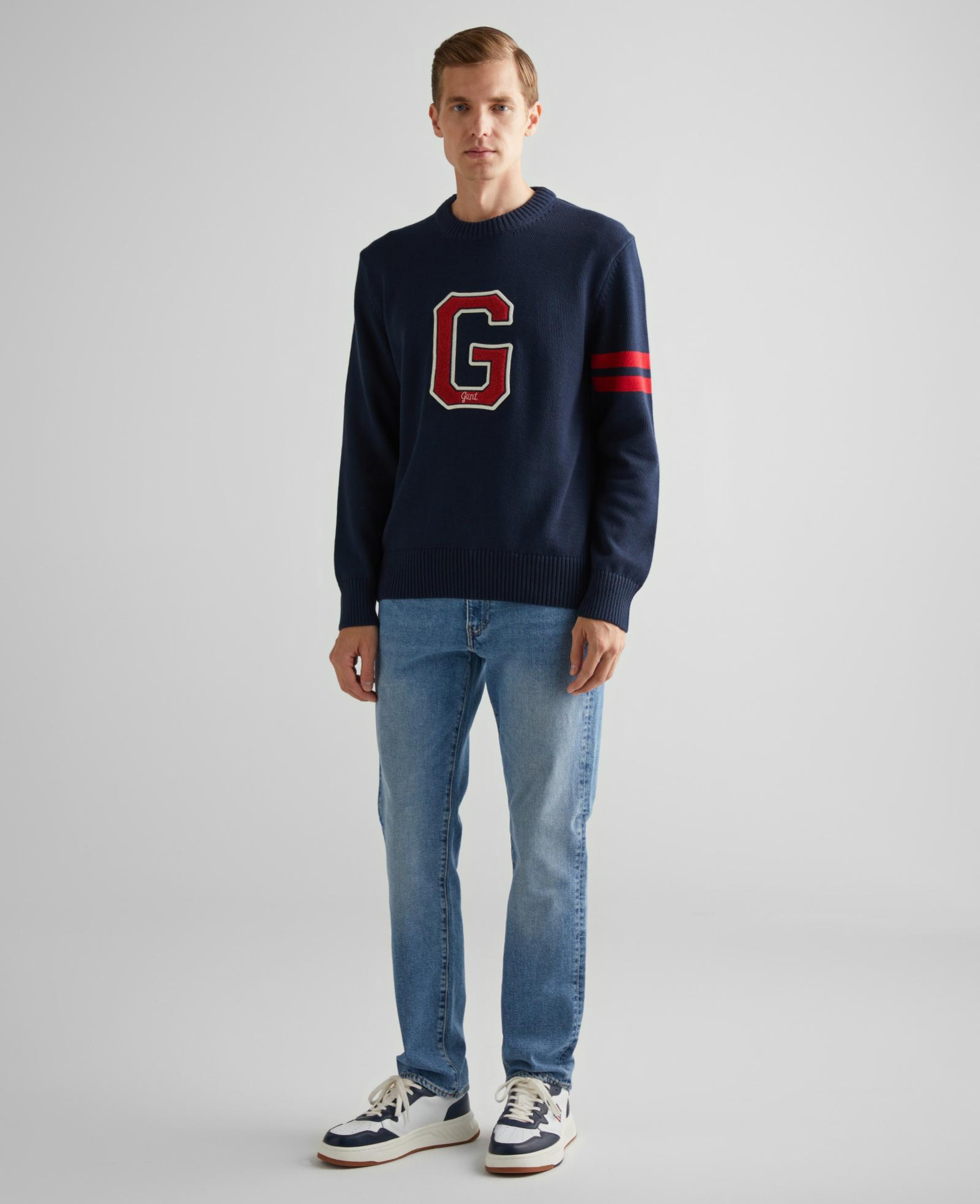 GANT Erkek Lacivert Relaxed Fit Bisiklet Yaka Logolu Kazak