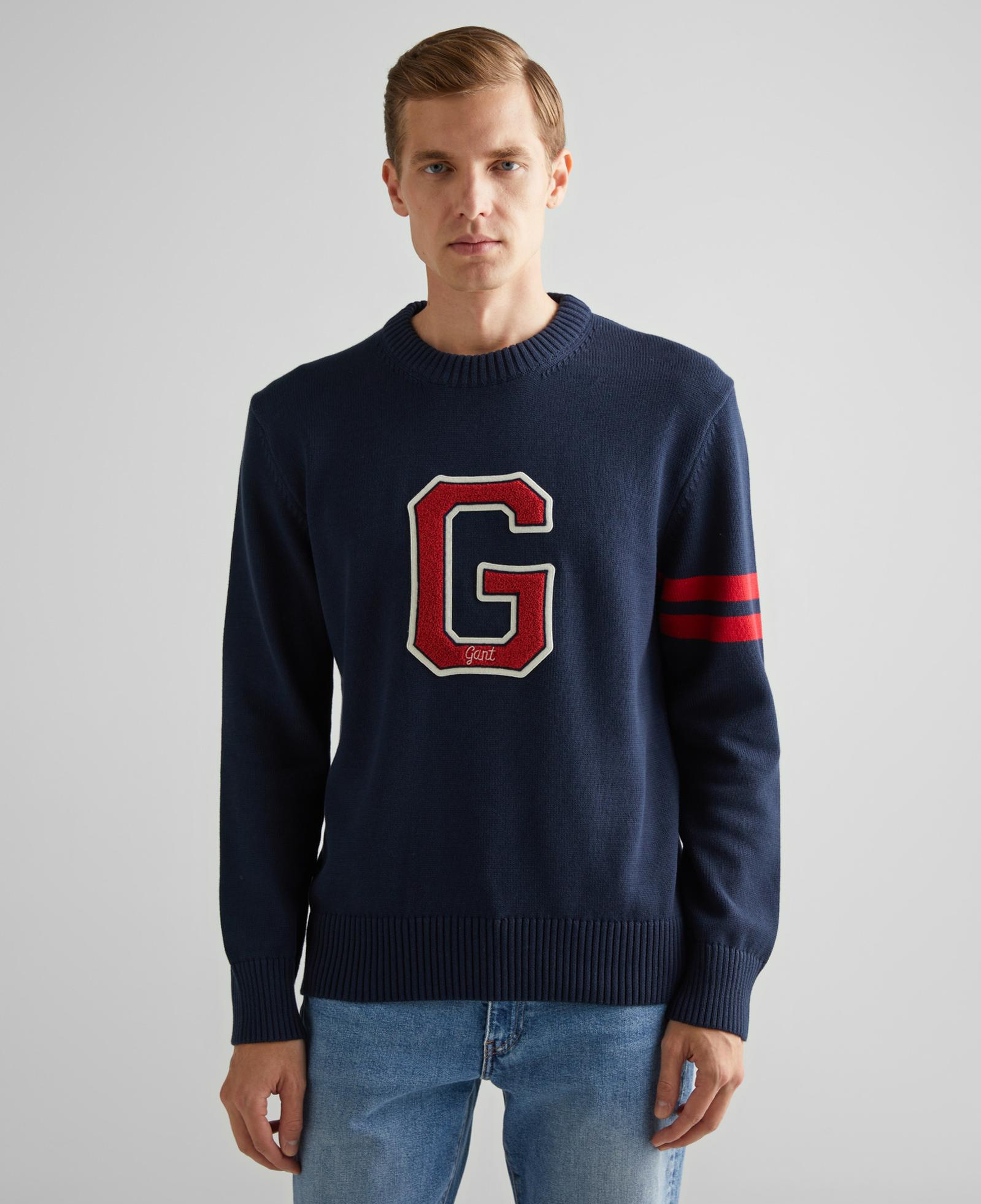 GANT Erkek Lacivert Relaxed Fit Bisiklet Yaka Logolu Kazak