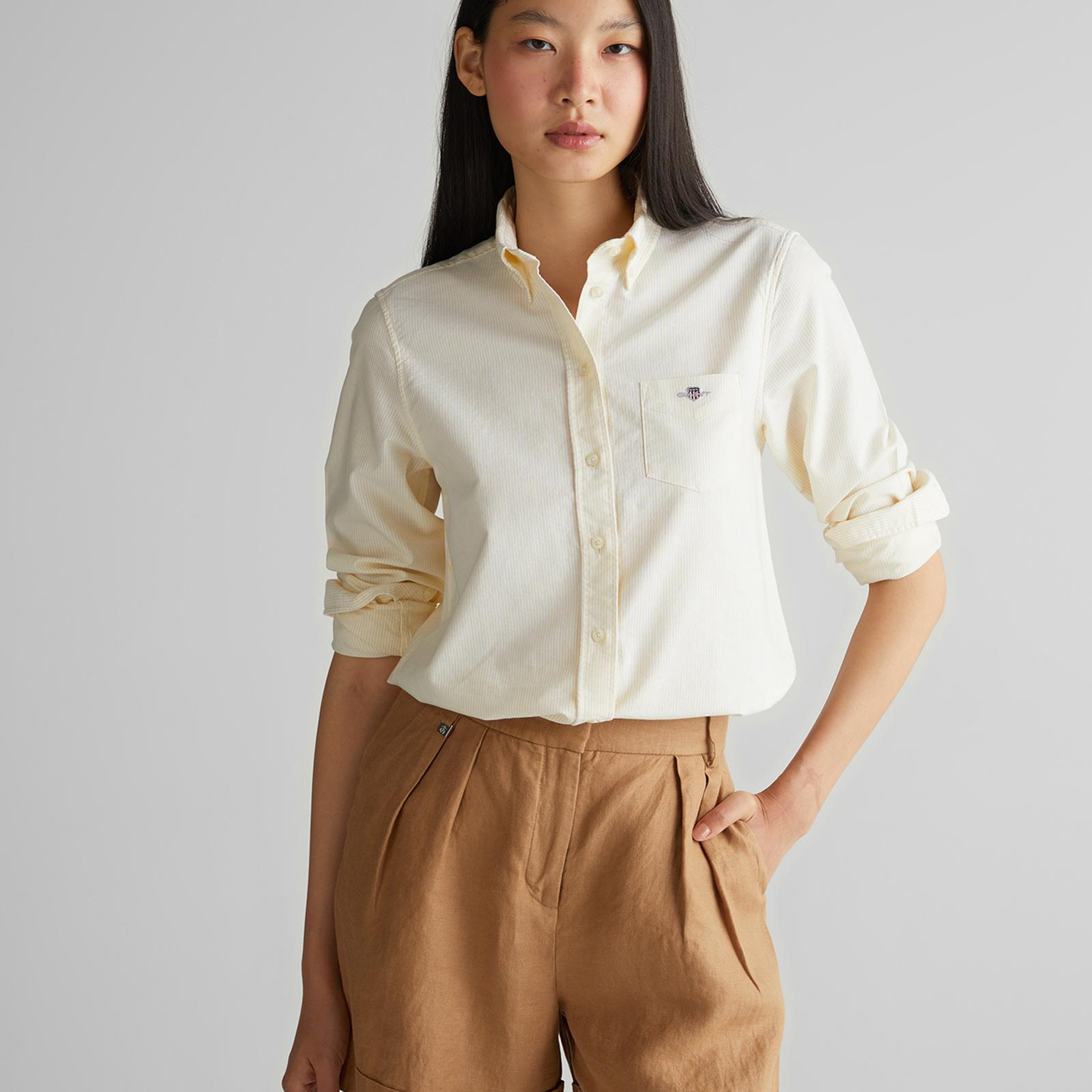 GANT Kadın Sarı Regular Fit Düğmeli Yaka Çizgili Gömlek