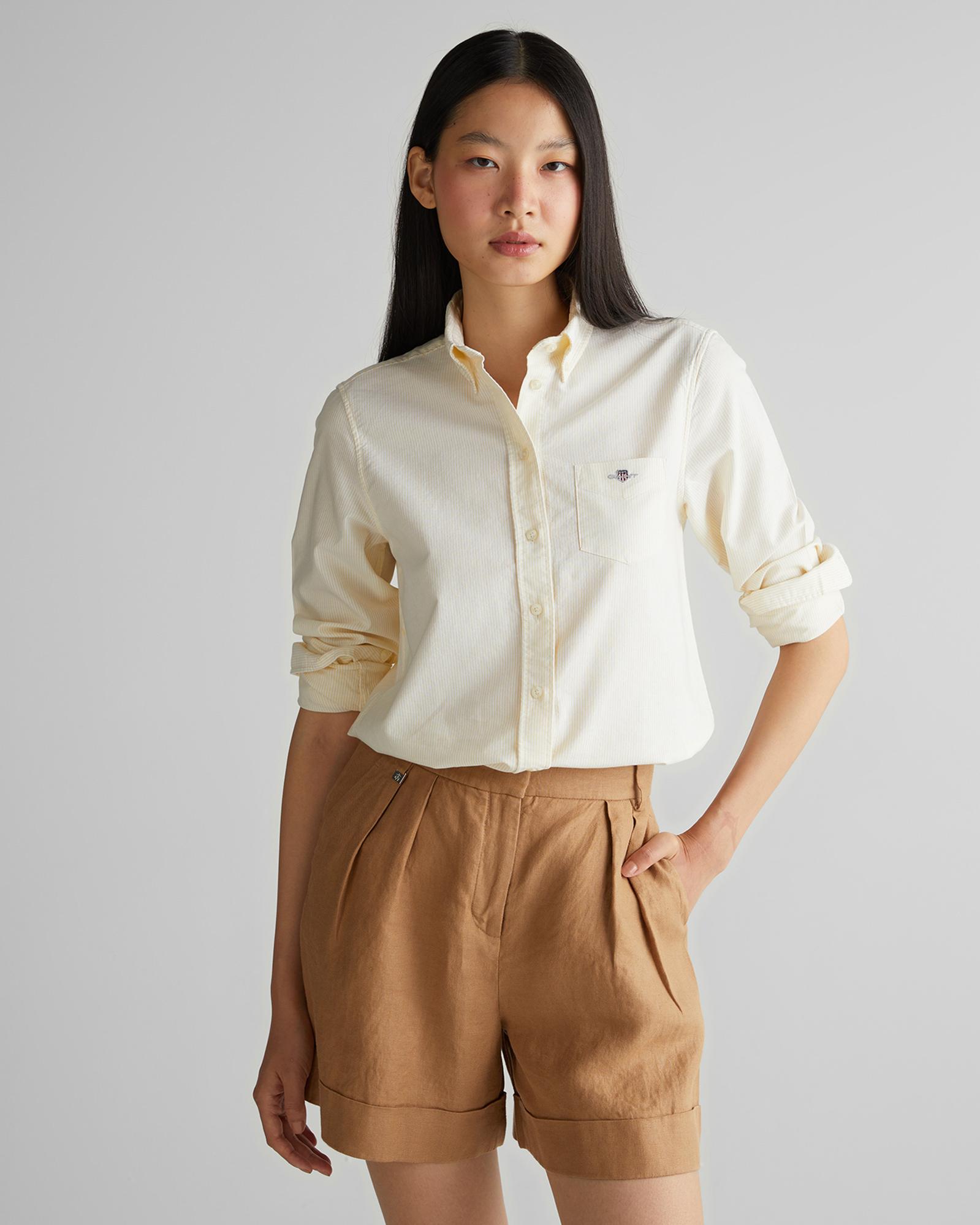 GANT Kadın Sarı Regular Fit Düğmeli Yaka Çizgili Gömlek