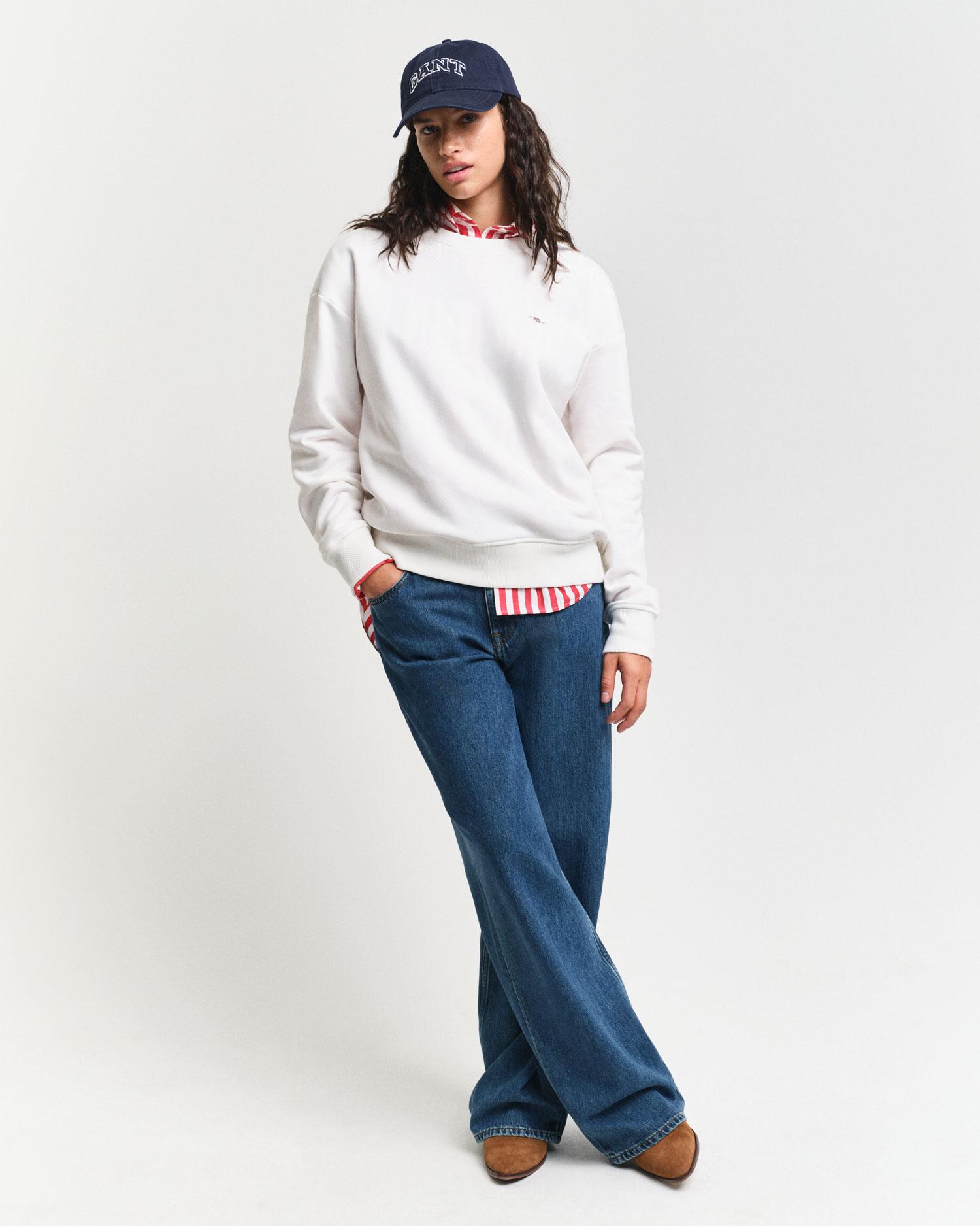 GANT Kadın Beyaz Relaxed Fit Bisiklet Yaka Sweatshirt
