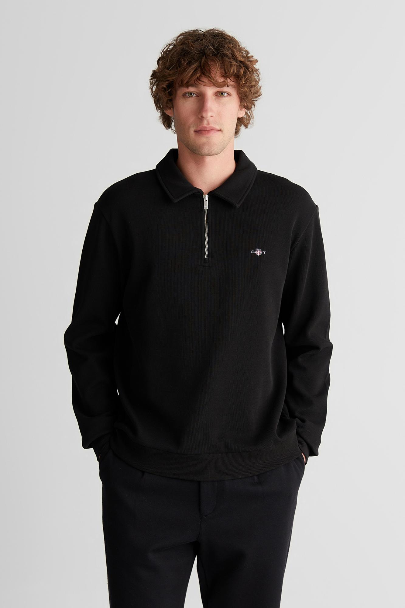 GANT Erkek Siyah Regular Fit Yarım Fermuarlı Logolu Sweatshirt