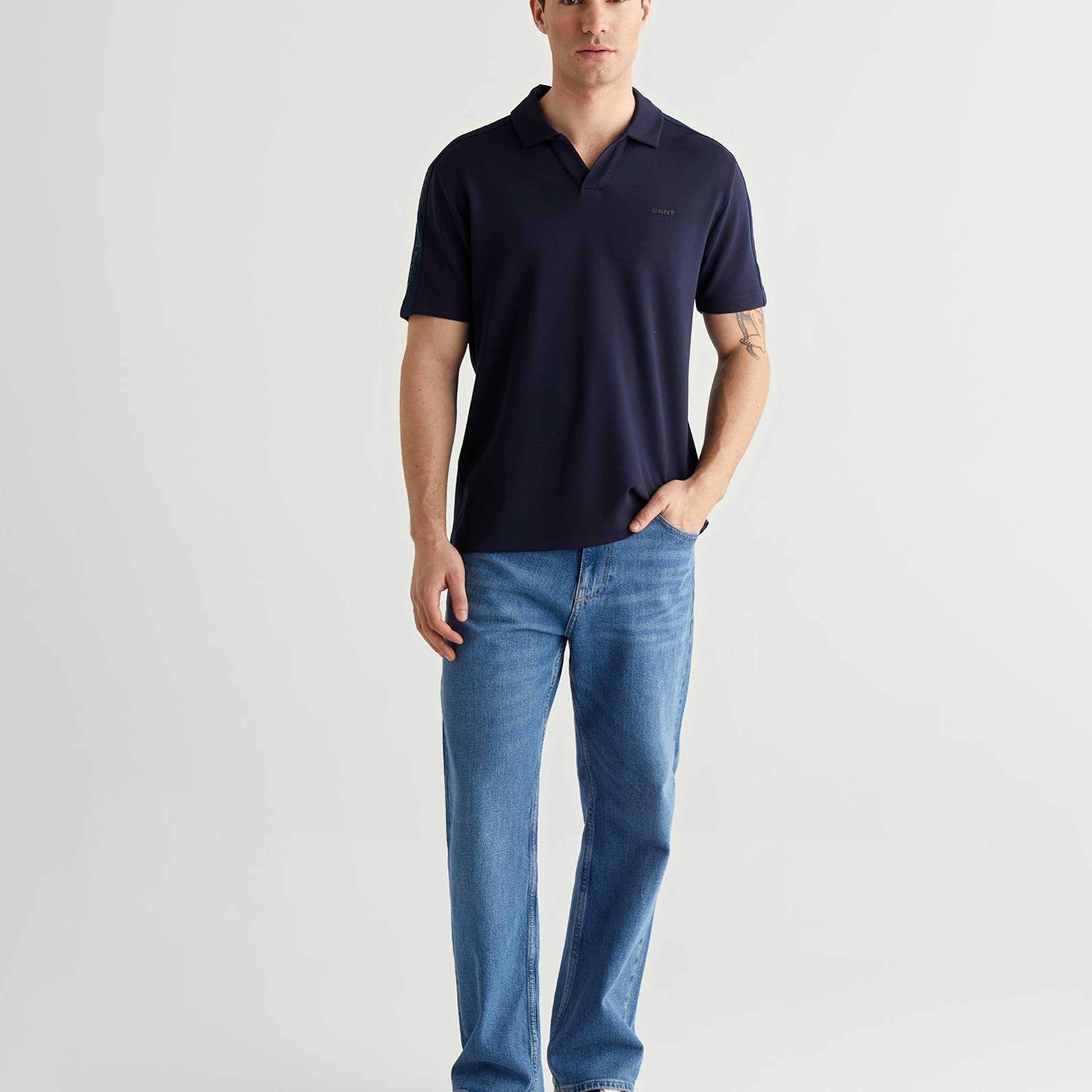 GANT Erkek Lacivert Regular Fit Şerit Detaylı Polo Yaka T-Shirt