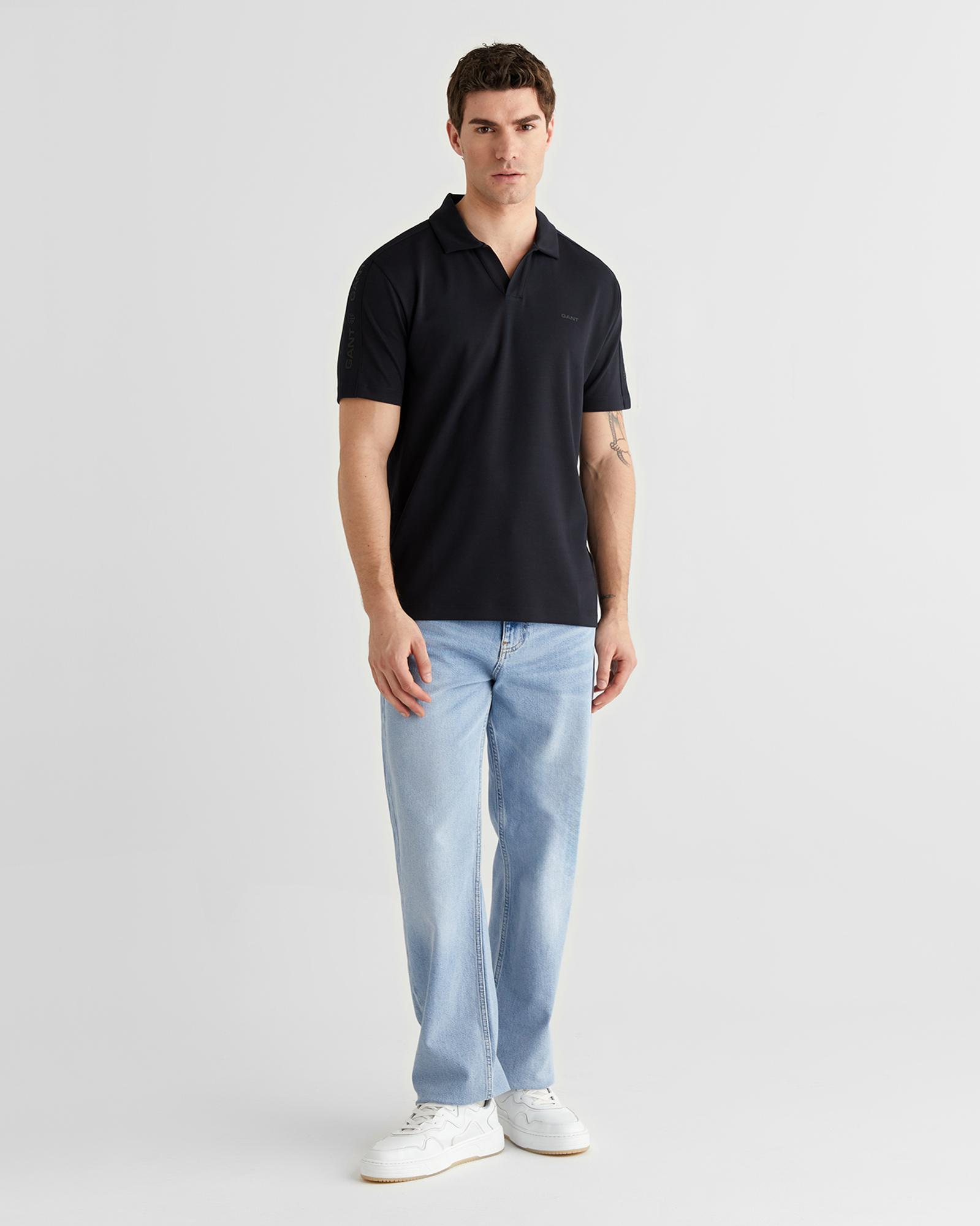 GANT Erkek Siyah Regular Fit Şerit Detaylı Polo Yaka T-Shirt