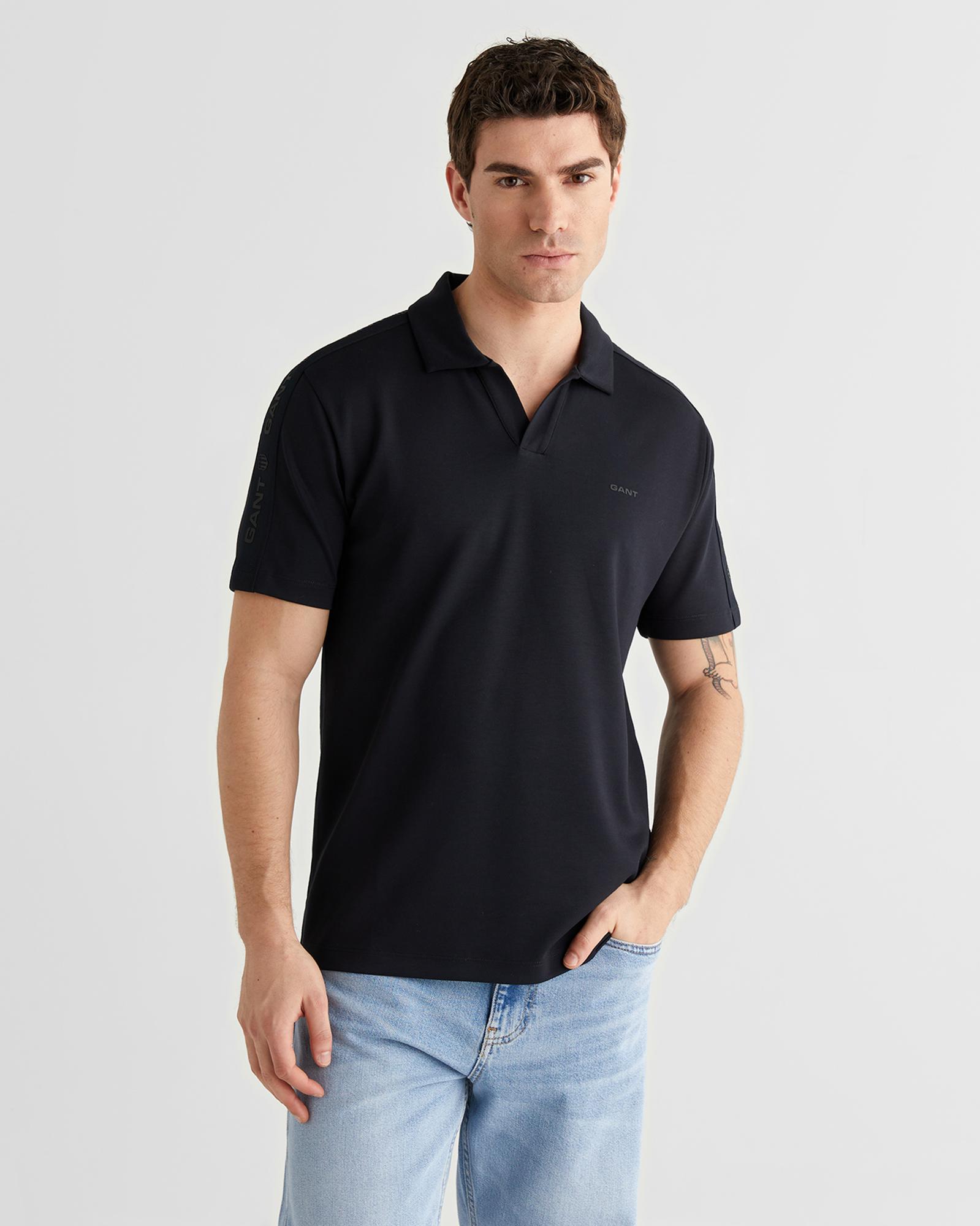 GANT Erkek Siyah Regular Fit Şerit Detaylı Polo Yaka T-Shirt