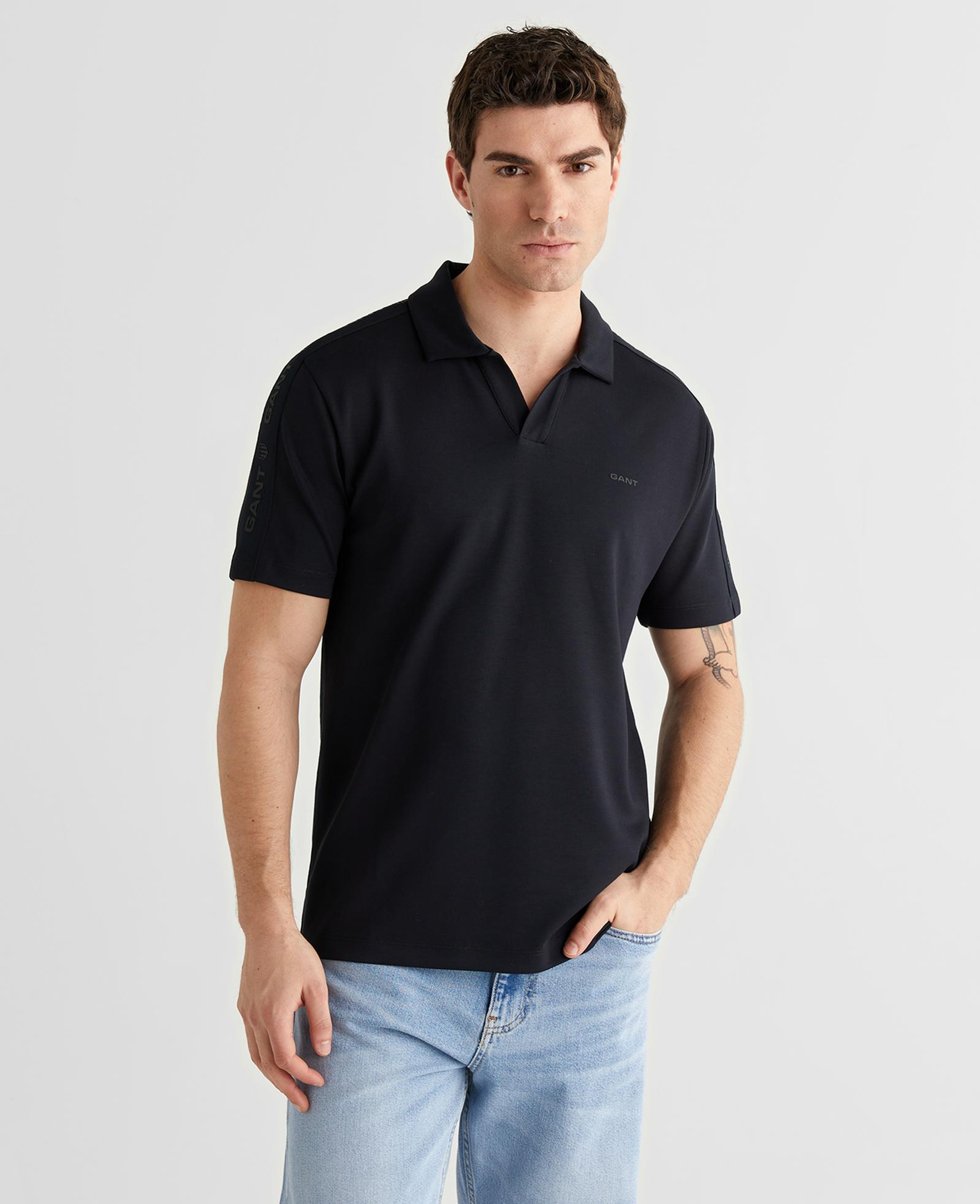GANT Erkek Siyah Regular Fit Şerit Detaylı Polo Yaka T-Shirt