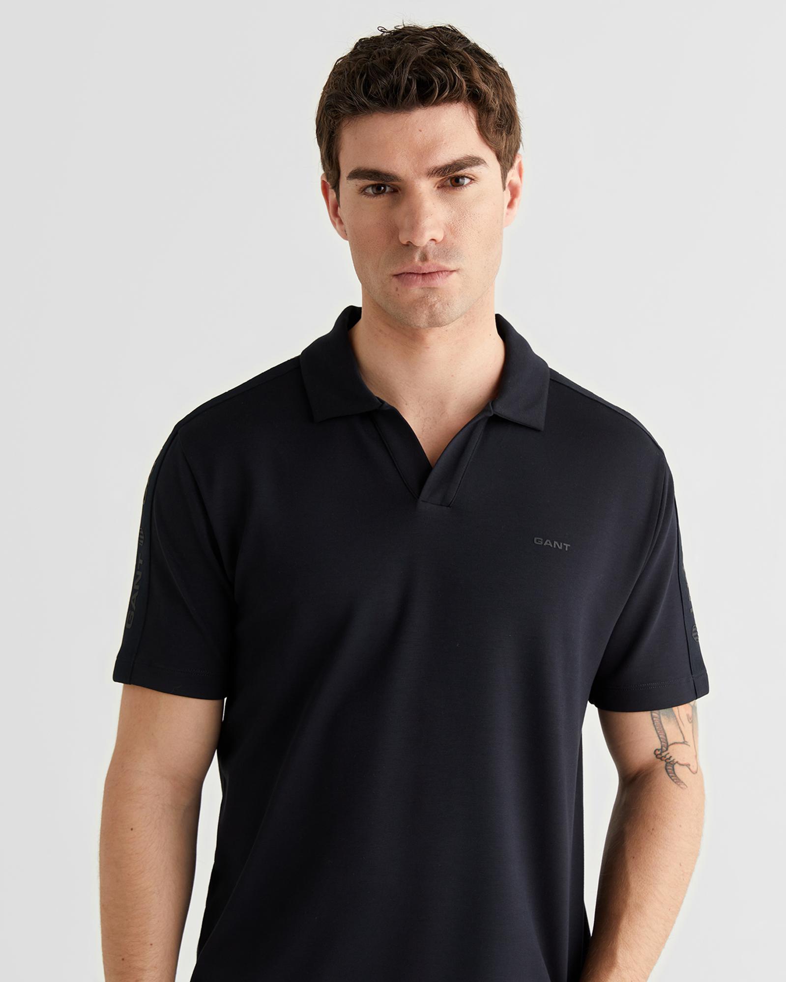 GANT Erkek Siyah Regular Fit Şerit Detaylı Polo Yaka T-Shirt