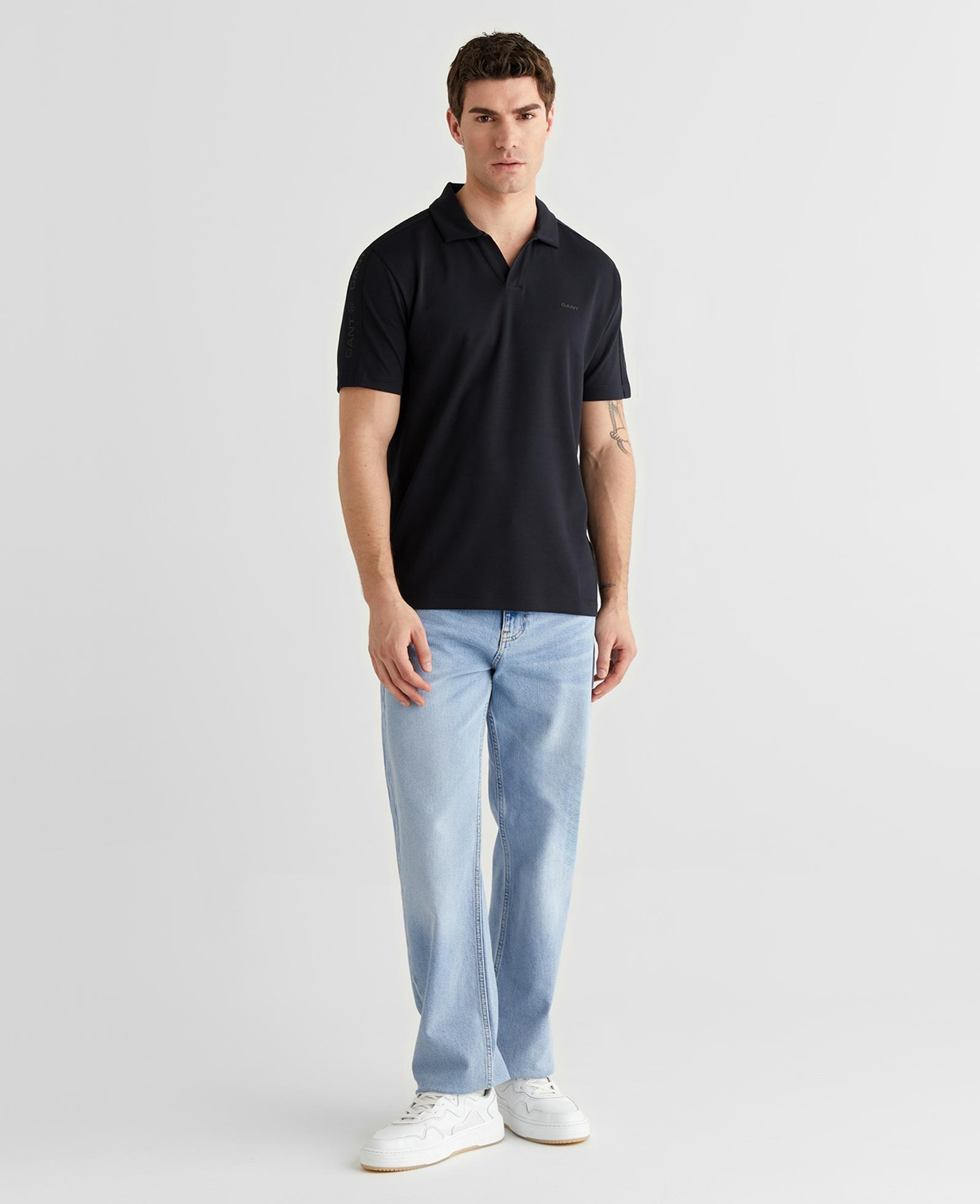 GANT Erkek Siyah Regular Fit Şerit Detaylı Polo Yaka T-Shirt