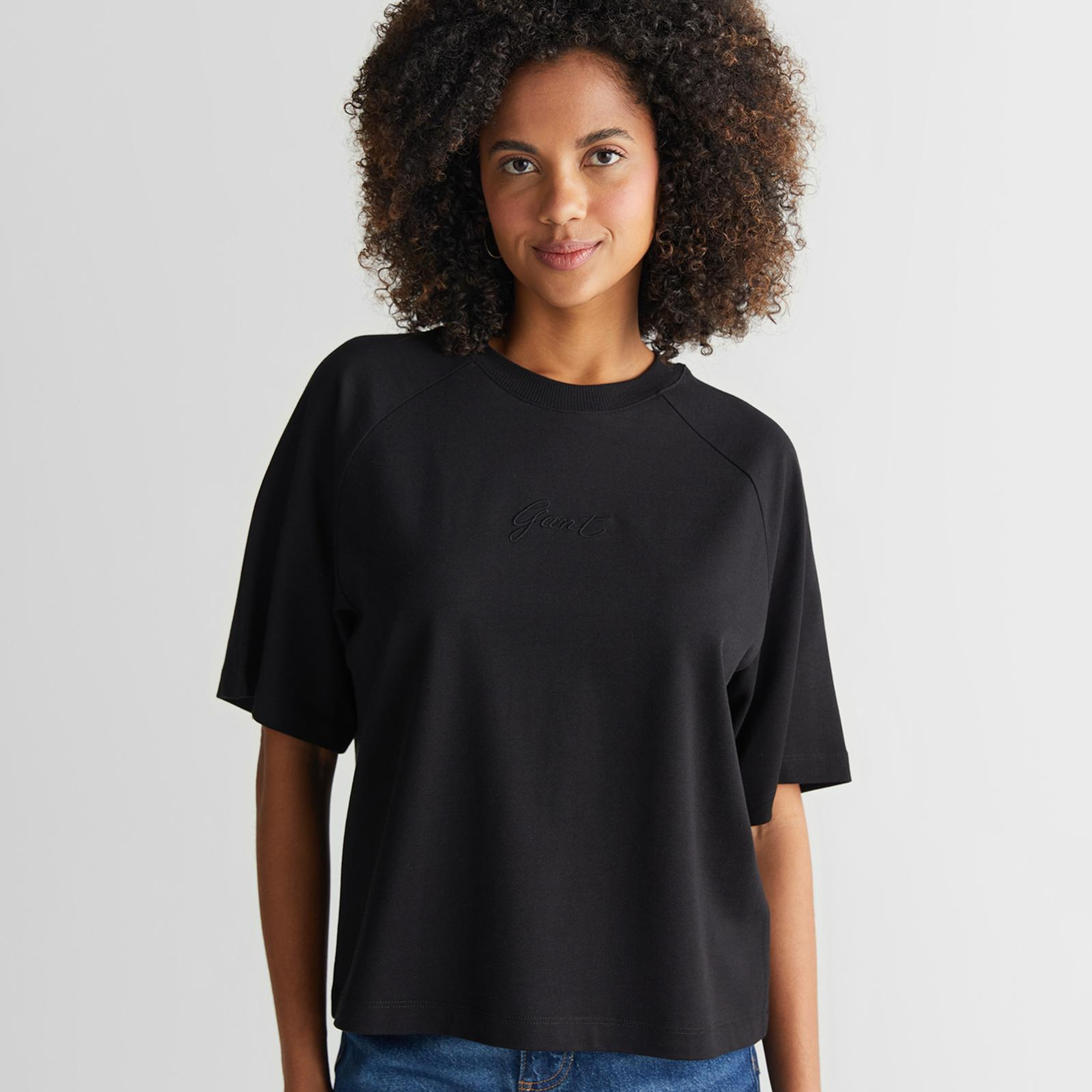 GANT Kadın Siyah Bisiklet Yaka Logolu T-Shirt