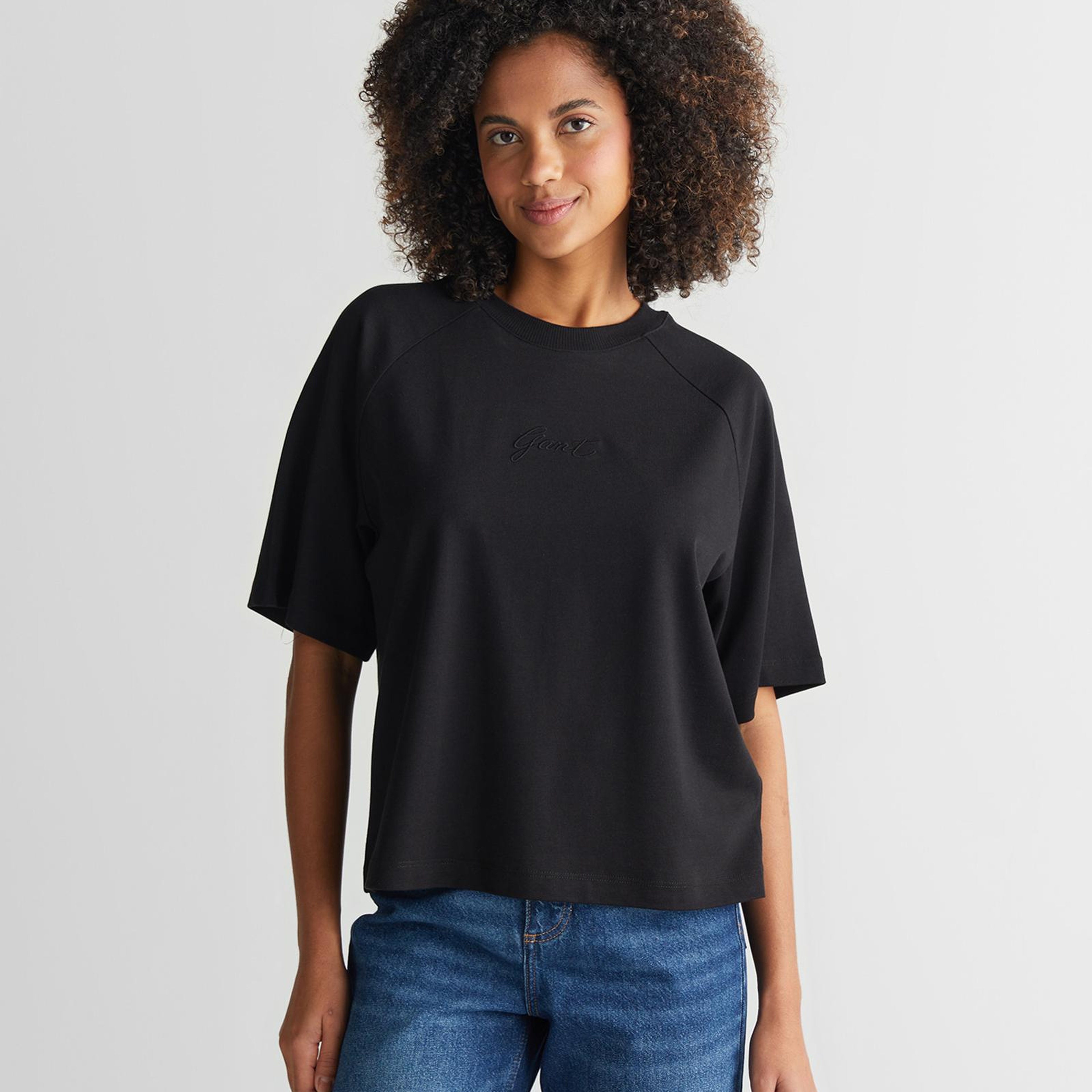 GANT Kadın Siyah Bisiklet Yaka Logolu T-Shirt