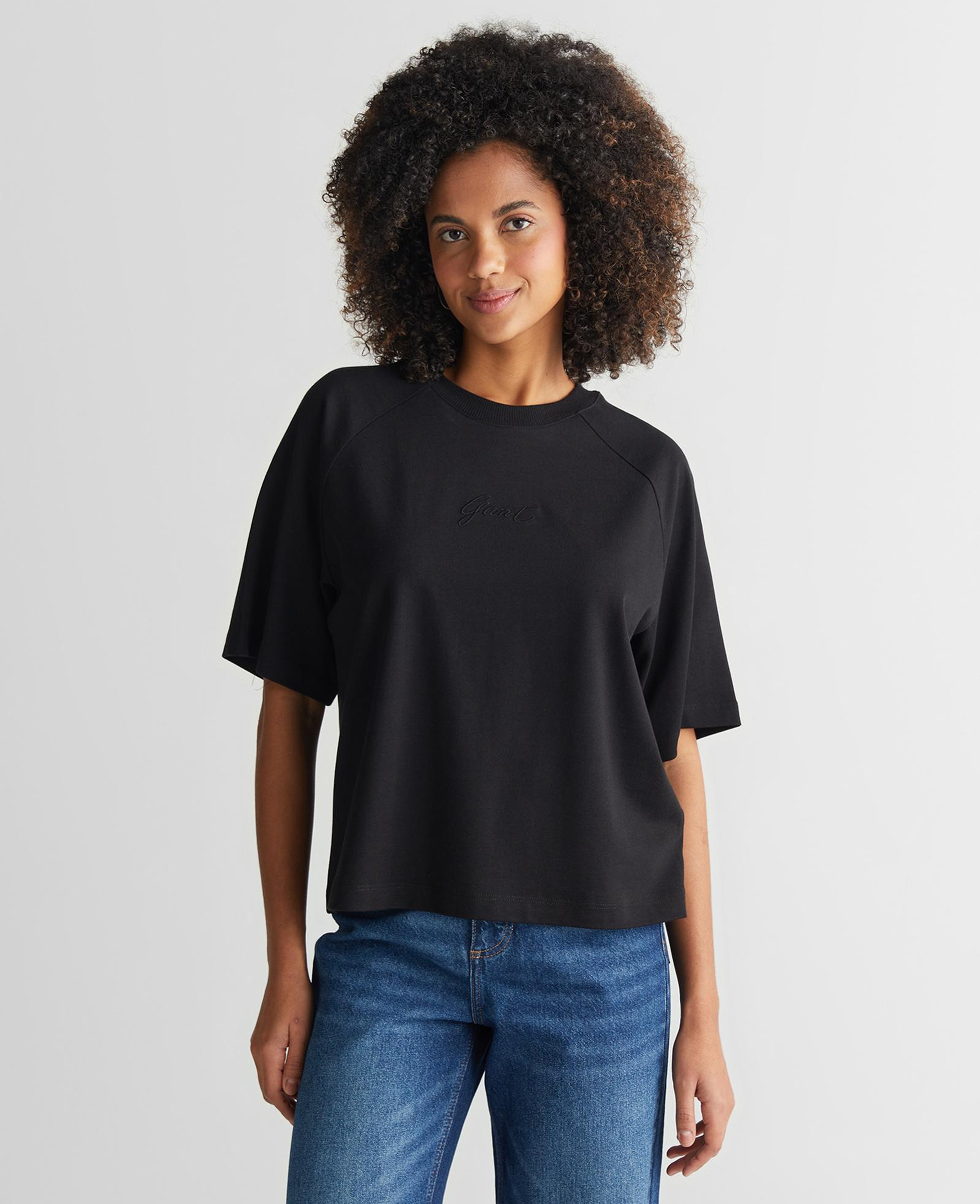 GANT Kadın Siyah Bisiklet Yaka Logolu T-Shirt