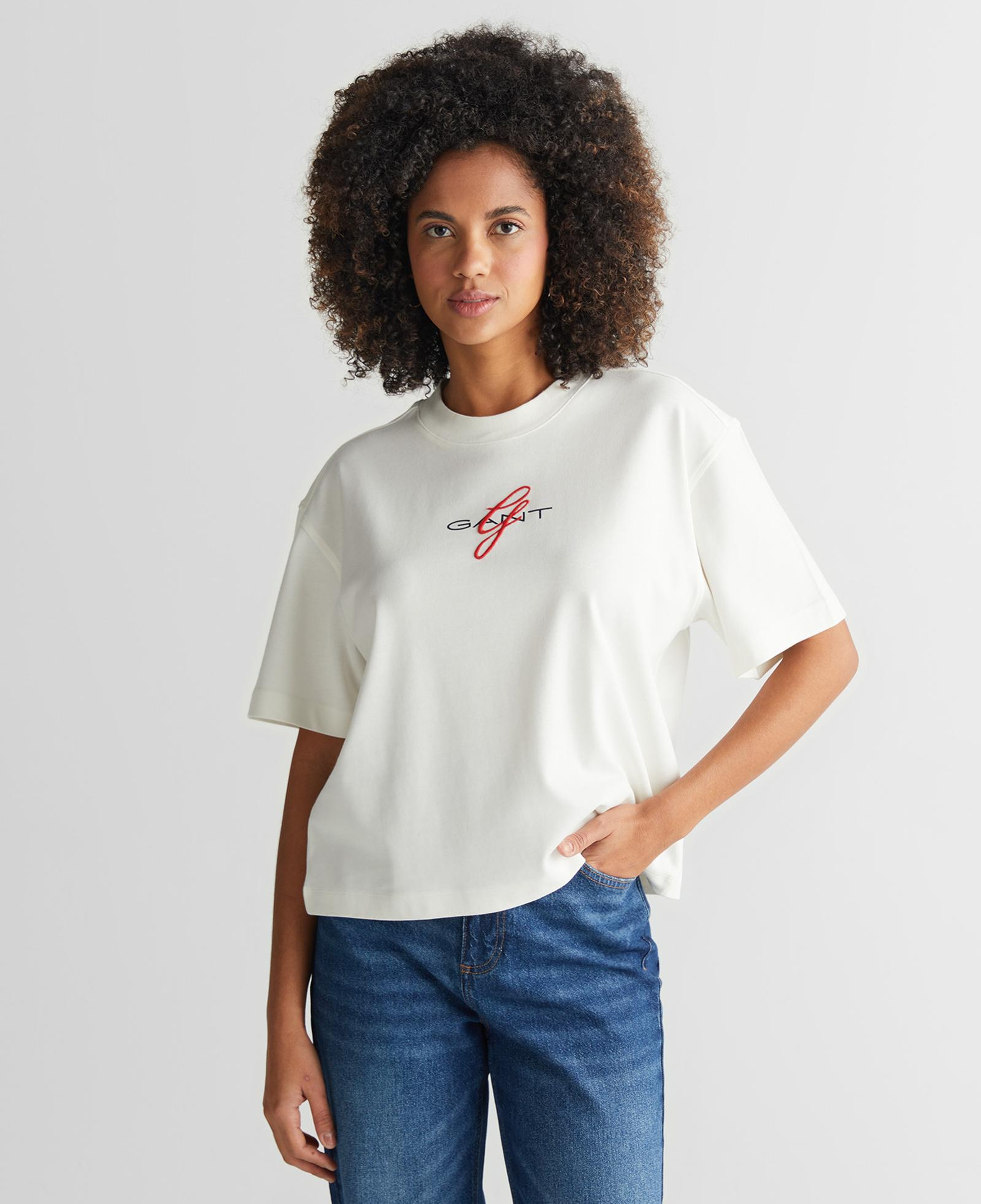 GANT Kadın Krem Bisiklet Yaka Logolu T-Shirt