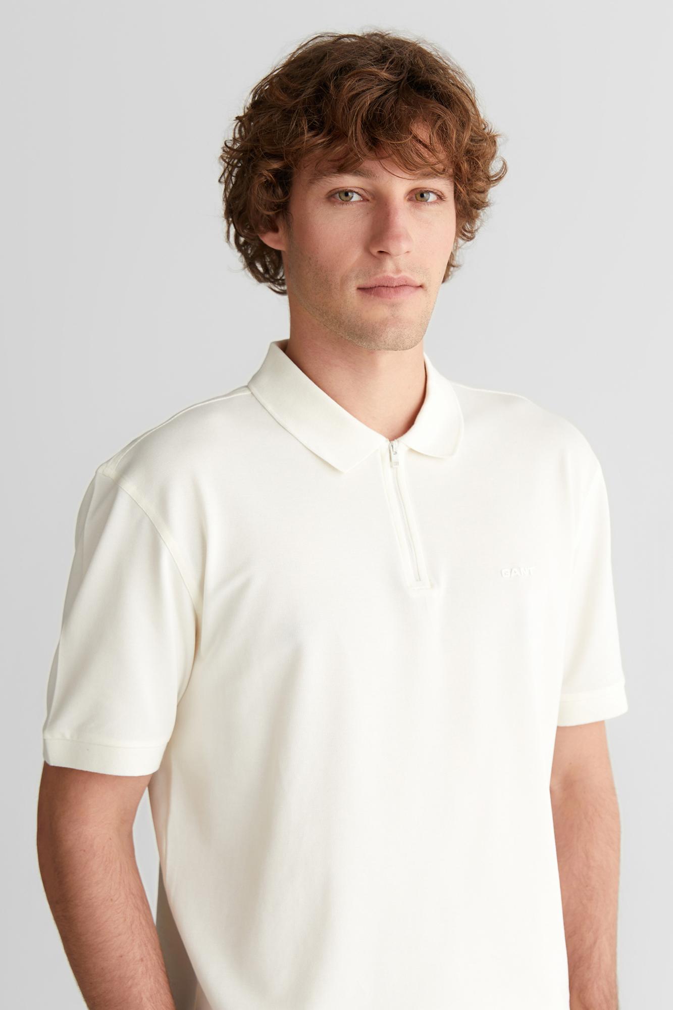 GANT Erkek Beyaz Regular Fit Yarım Fermuarlı Baskılı Polo Yaka T-Shirt