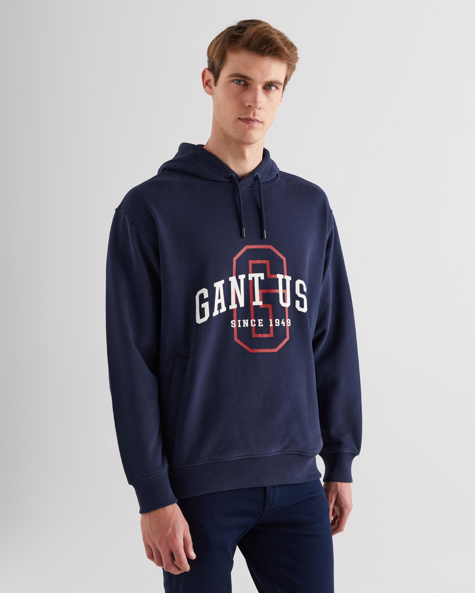 GANT Erkek Lacivert Relaxed Fit Kapüşonlu Logolu Sweatshirt