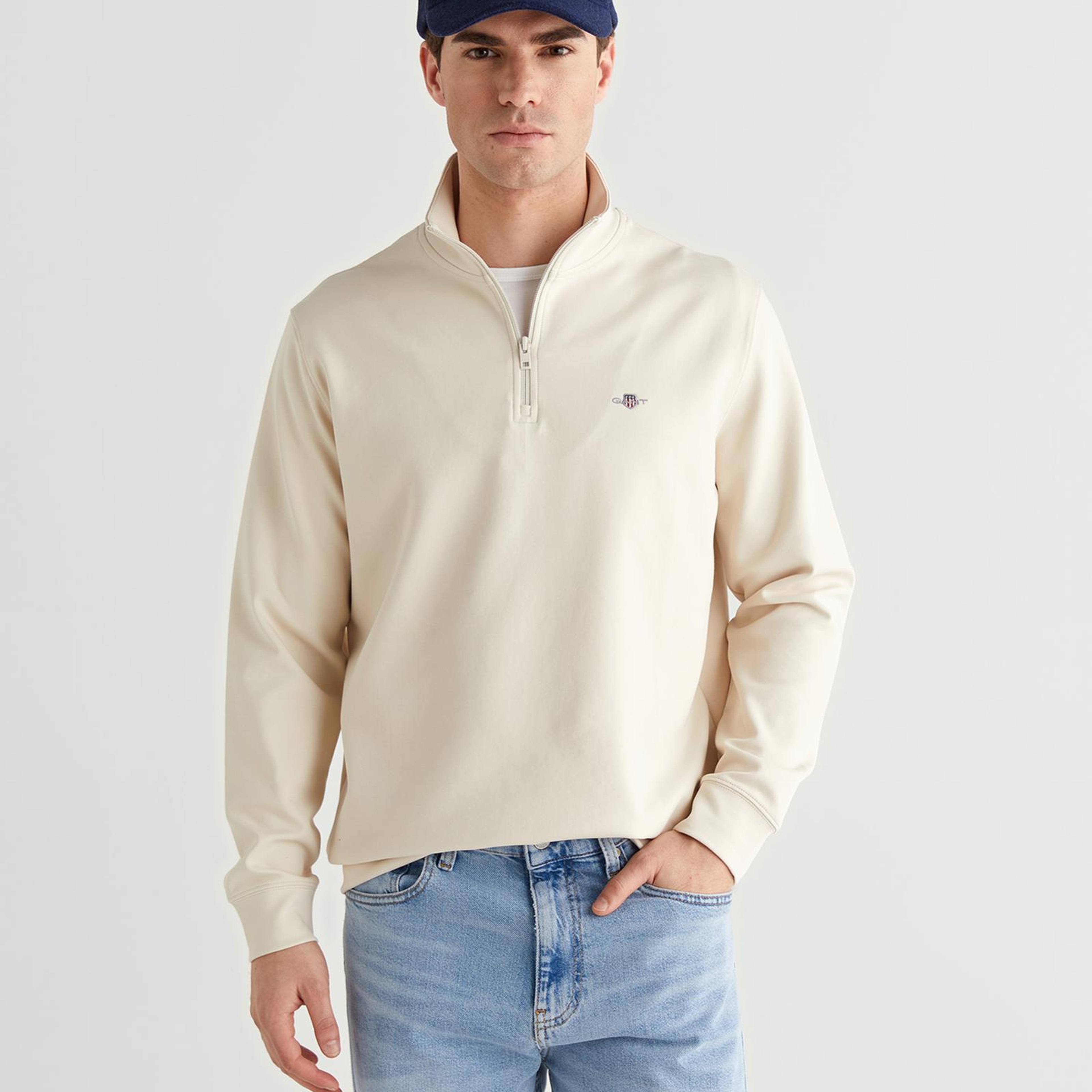 GANT Erkek Bej Relaxed Fit Yarım Fermuarlı Logolu Sweatshirt