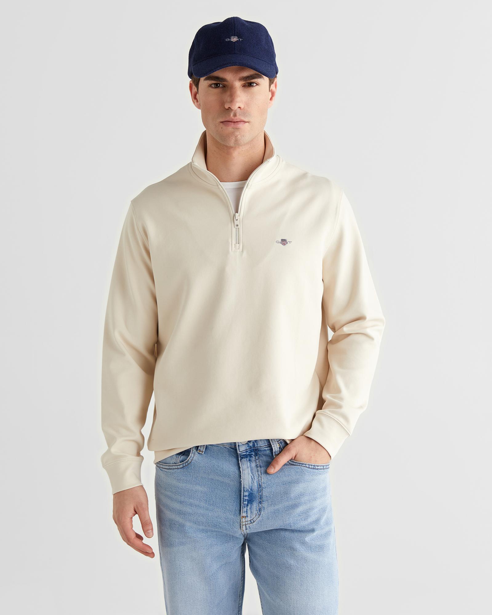 GANT Erkek Bej Relaxed Fit Yarım Fermuarlı Logolu Sweatshirt