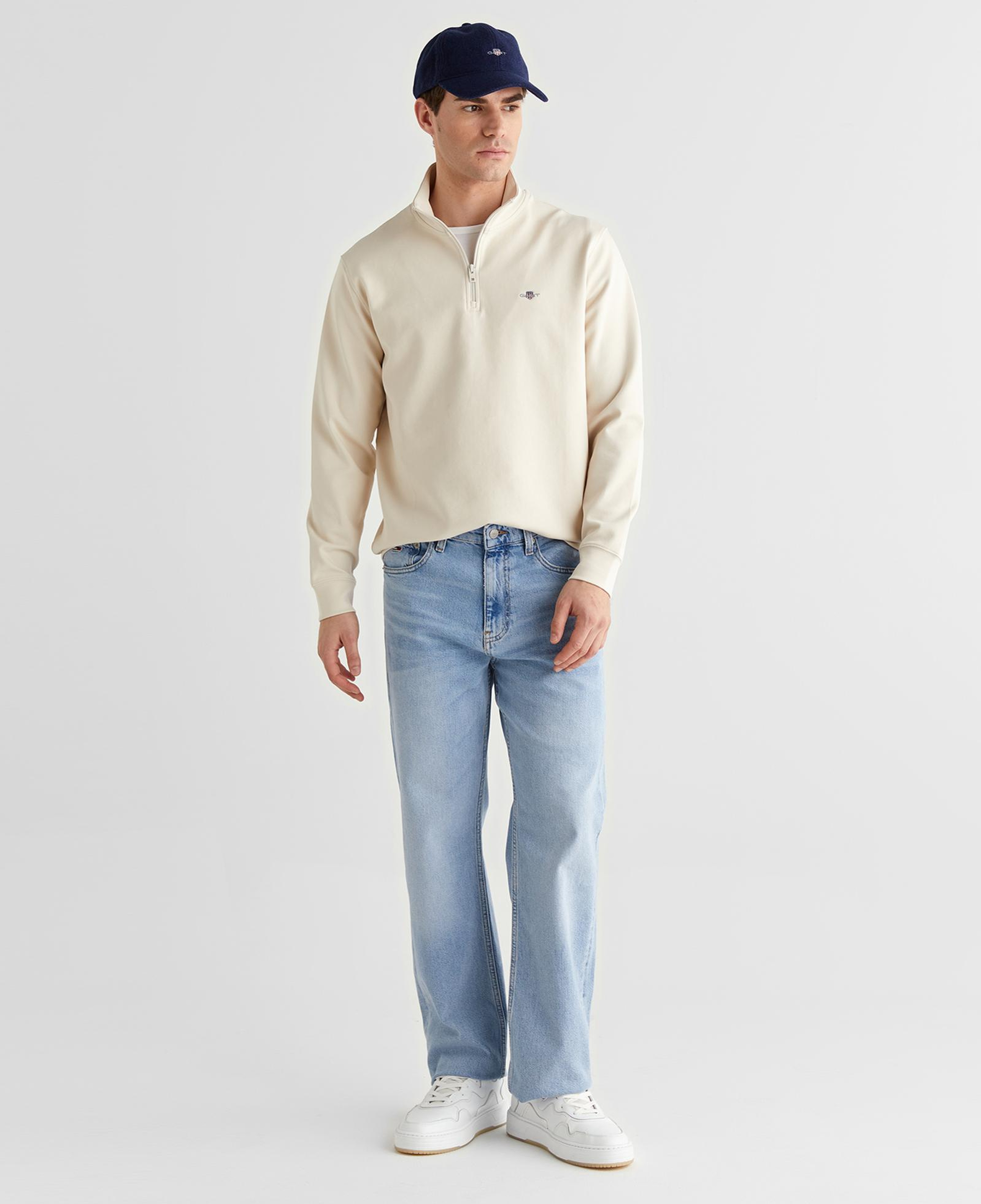 GANT Erkek Bej Relaxed Fit Yarım Fermuarlı Logolu Sweatshirt