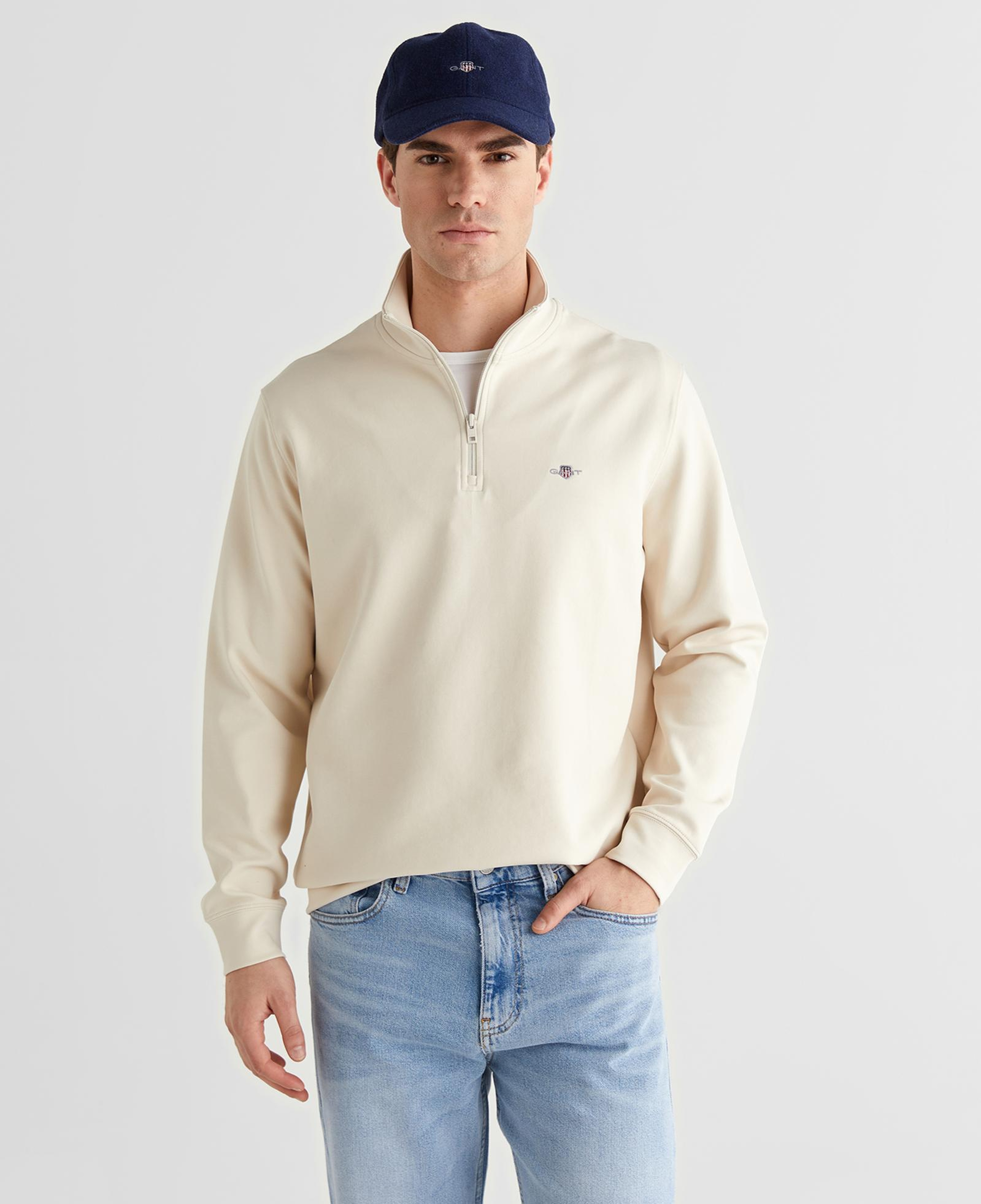 GANT Erkek Bej Relaxed Fit Yarım Fermuarlı Logolu Sweatshirt