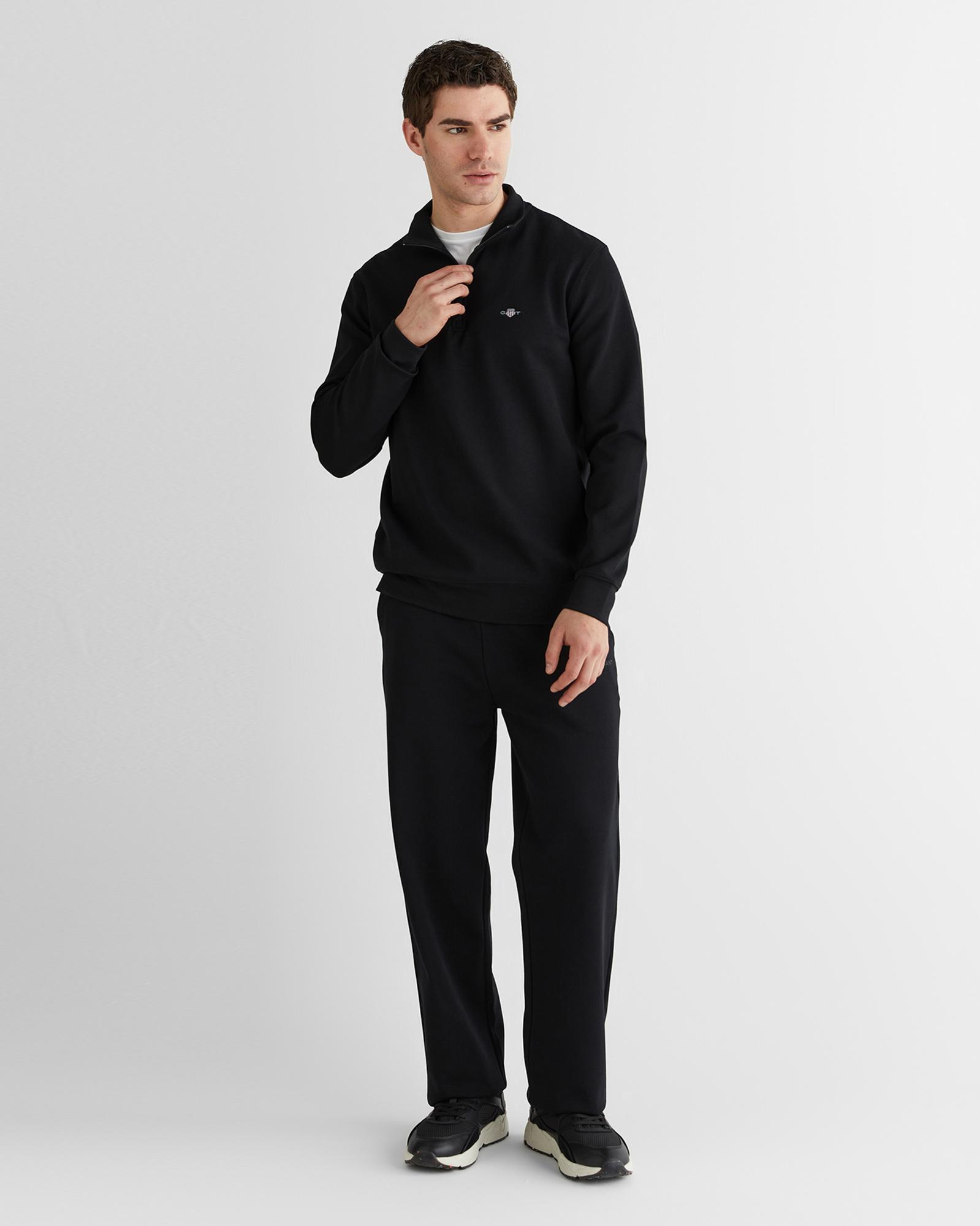 GANT Erkek Siyah Relaxed Fit Yarım Fermuarlı Logolu Sweatshirt