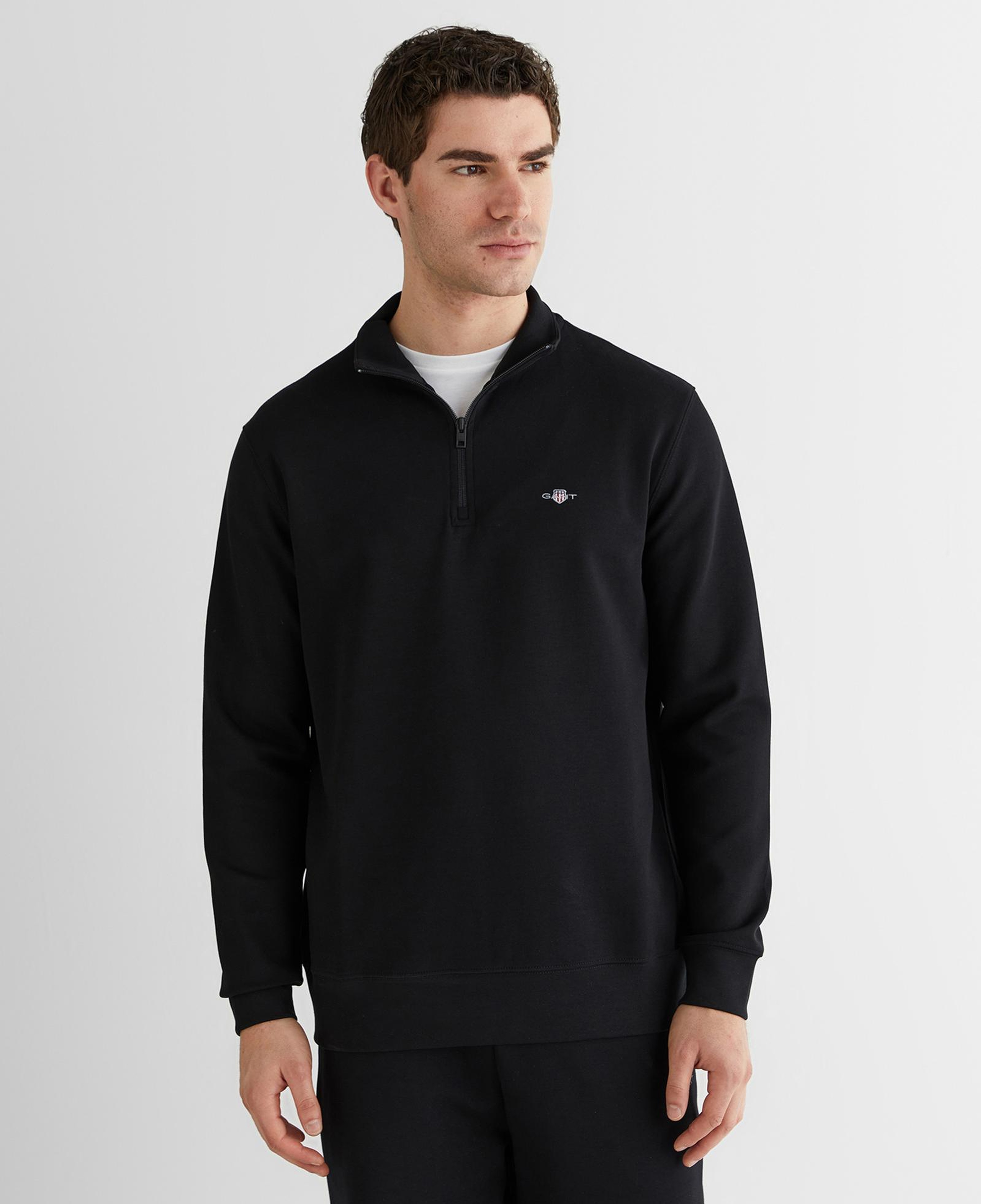 GANT Erkek Siyah Relaxed Fit Yarım Fermuarlı Logolu Sweatshirt