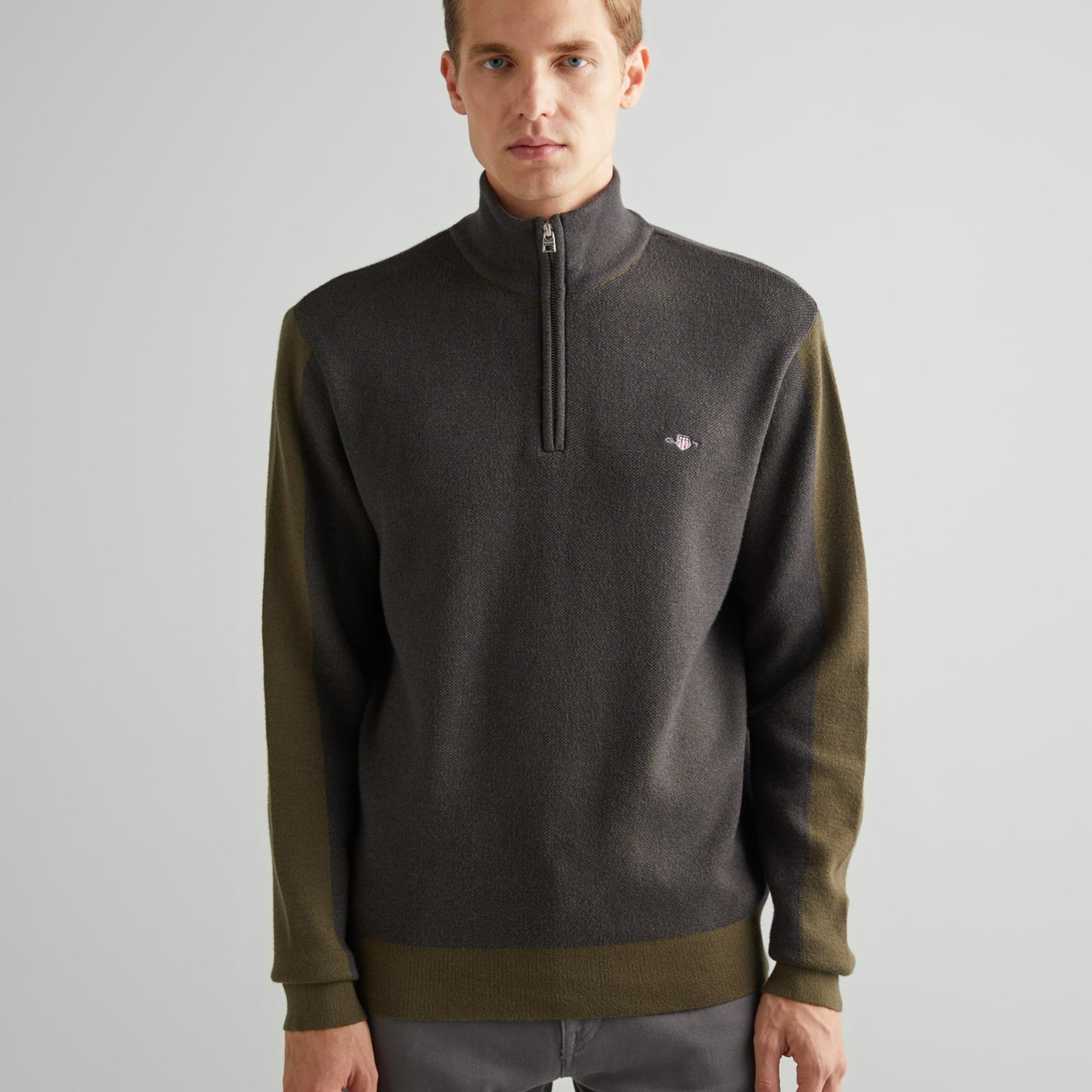 GANT Erkek Yeşil Relaxed Fit Yarım Fermuarlı Renk Bloklu Kazak