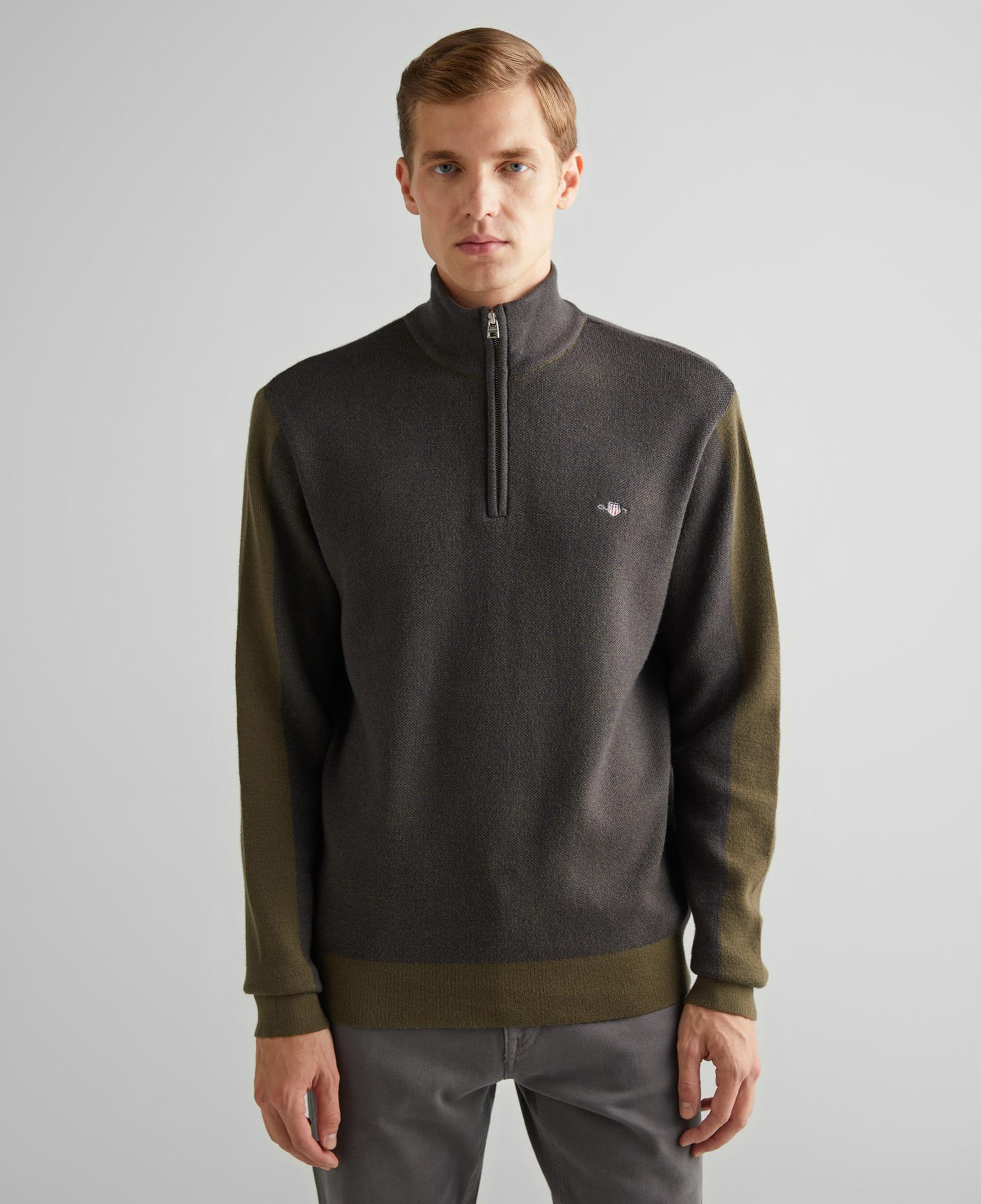 GANT Erkek Yeşil Relaxed Fit Yarım Fermuarlı Renk Bloklu Kazak