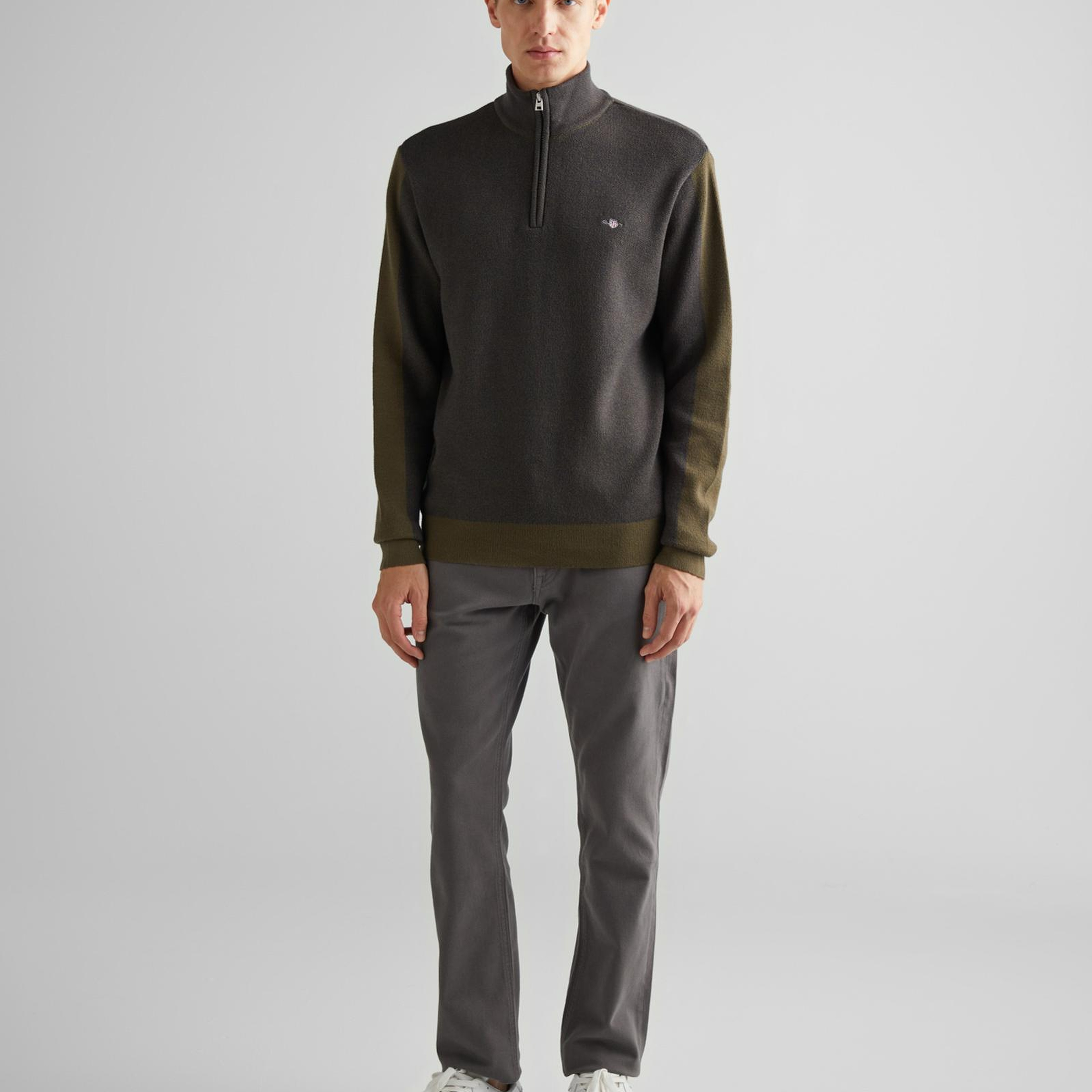 GANT Erkek Yeşil Relaxed Fit Yarım Fermuarlı Renk Bloklu Kazak