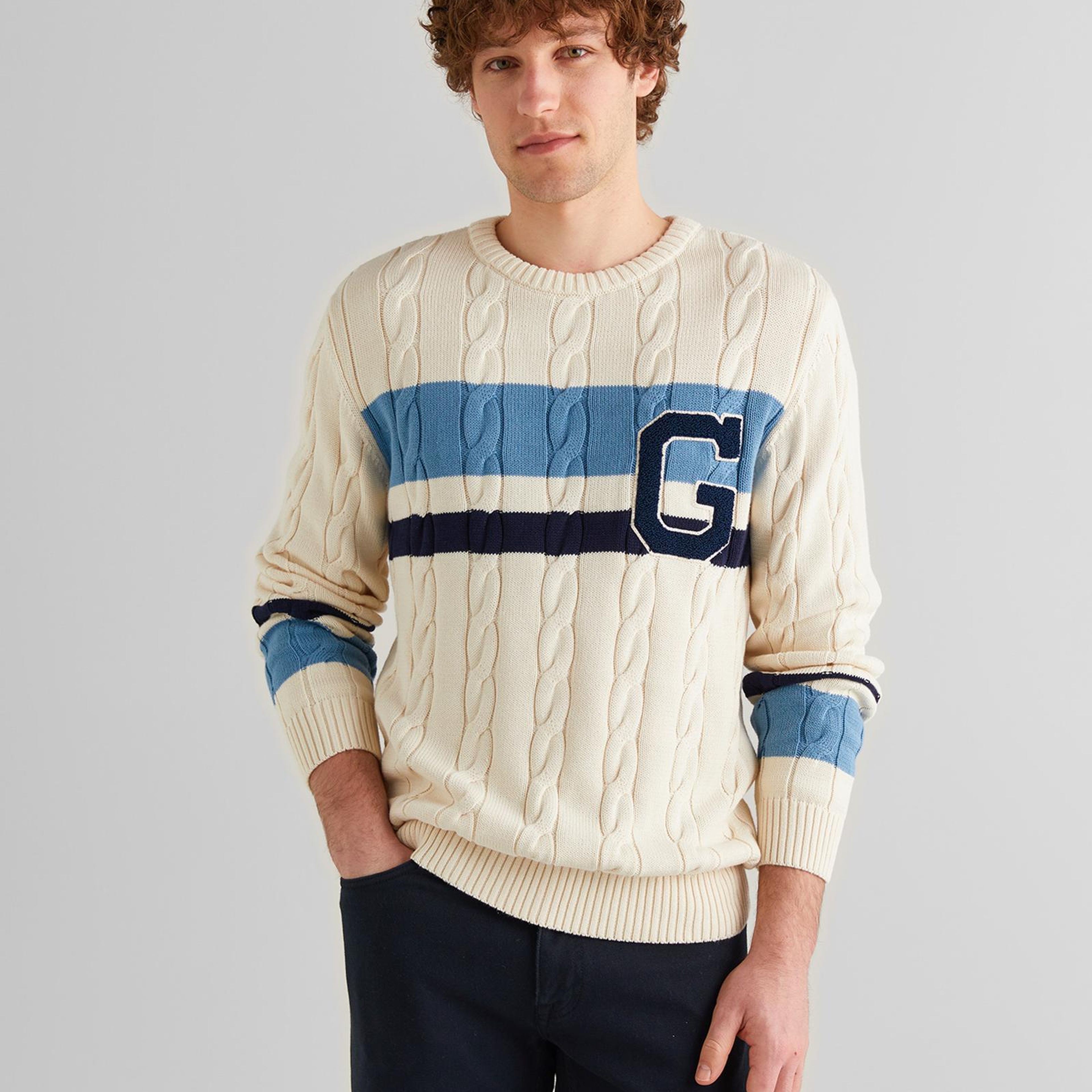 GANT Erkek Krem Relaxed Fit Bisiklet Yaka Renk Bloklu Örgü Kazak