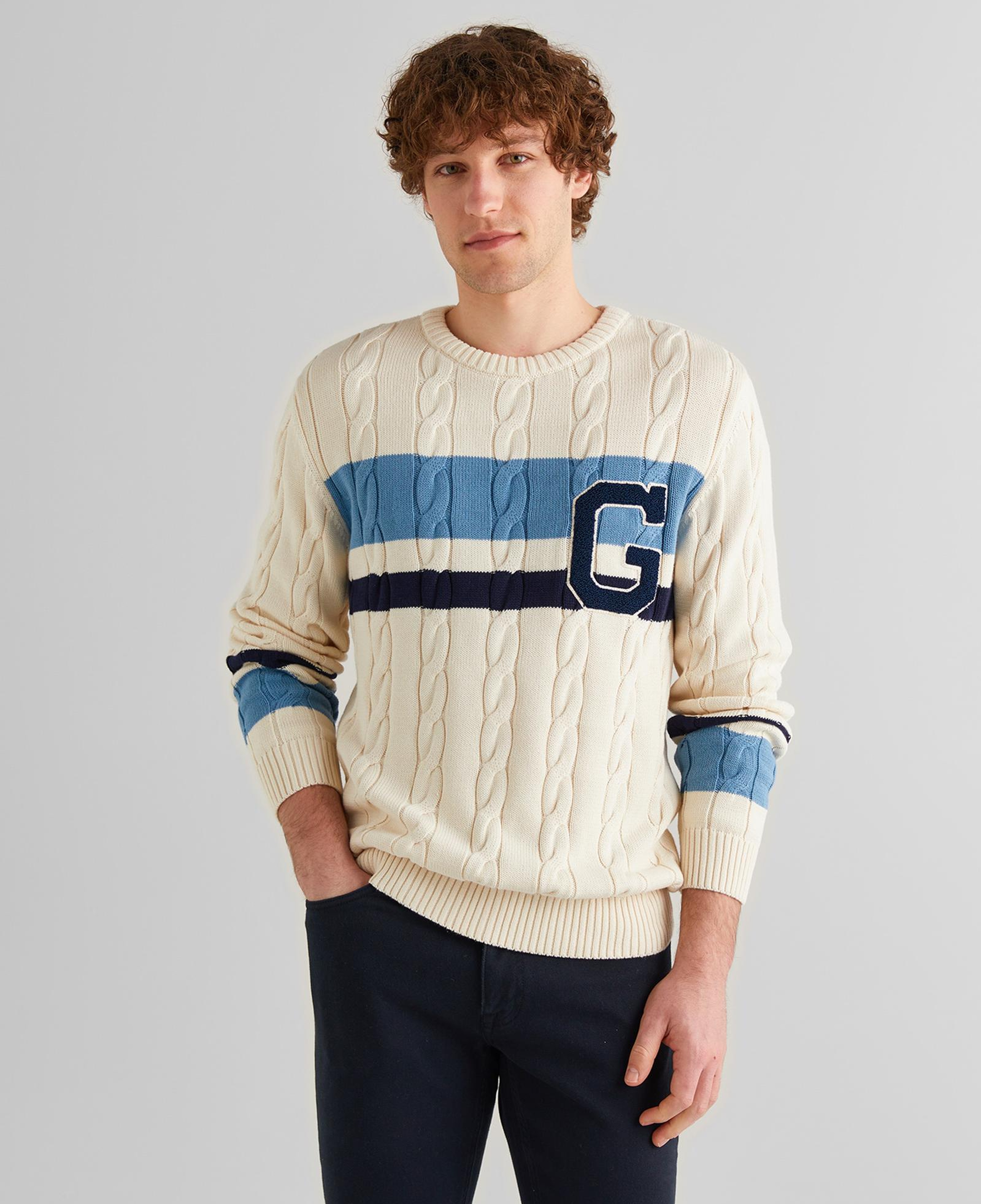 GANT Erkek Krem Relaxed Fit Bisiklet Yaka Renk Bloklu Örgü Kazak