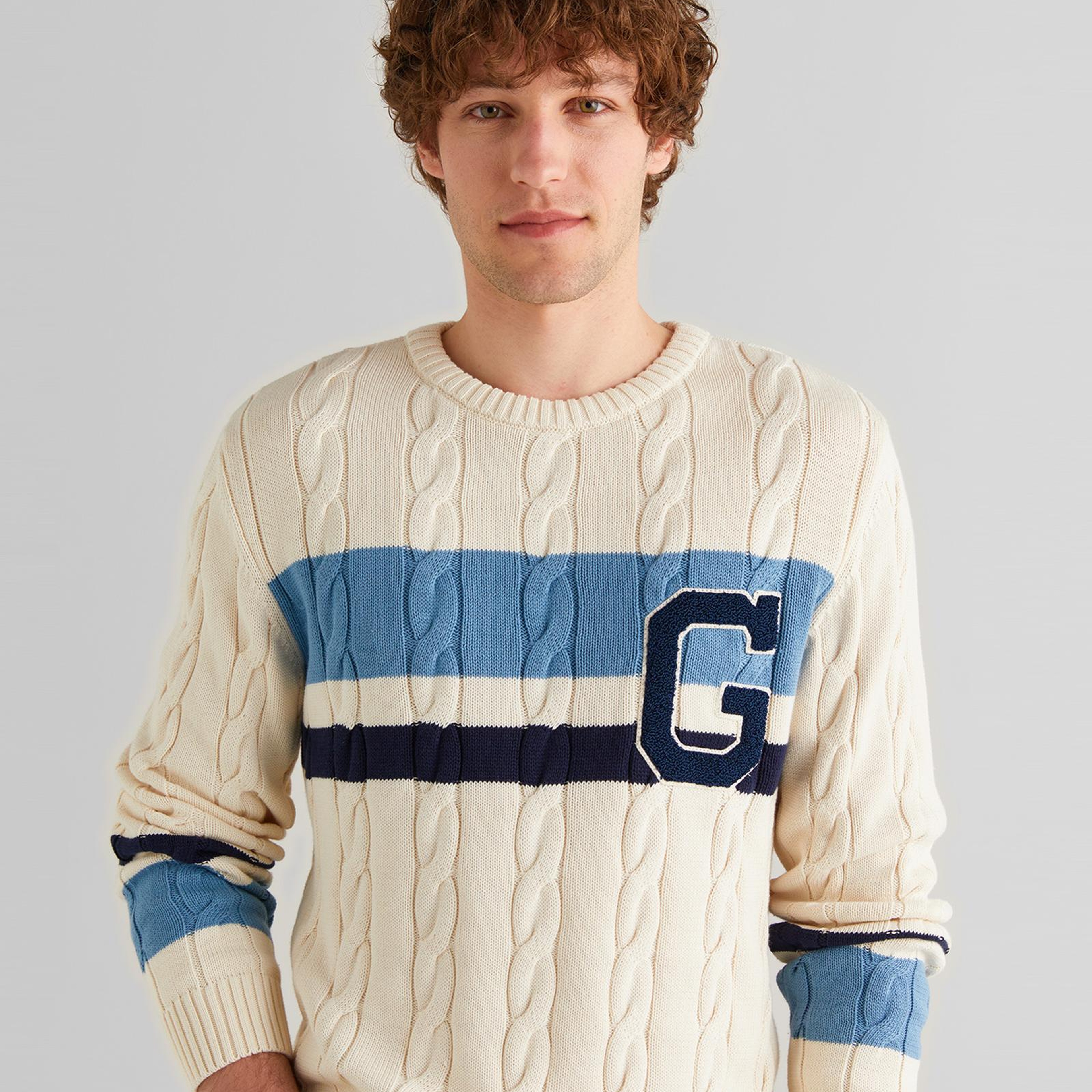 GANT Erkek Krem Relaxed Fit Bisiklet Yaka Renk Bloklu Örgü Kazak