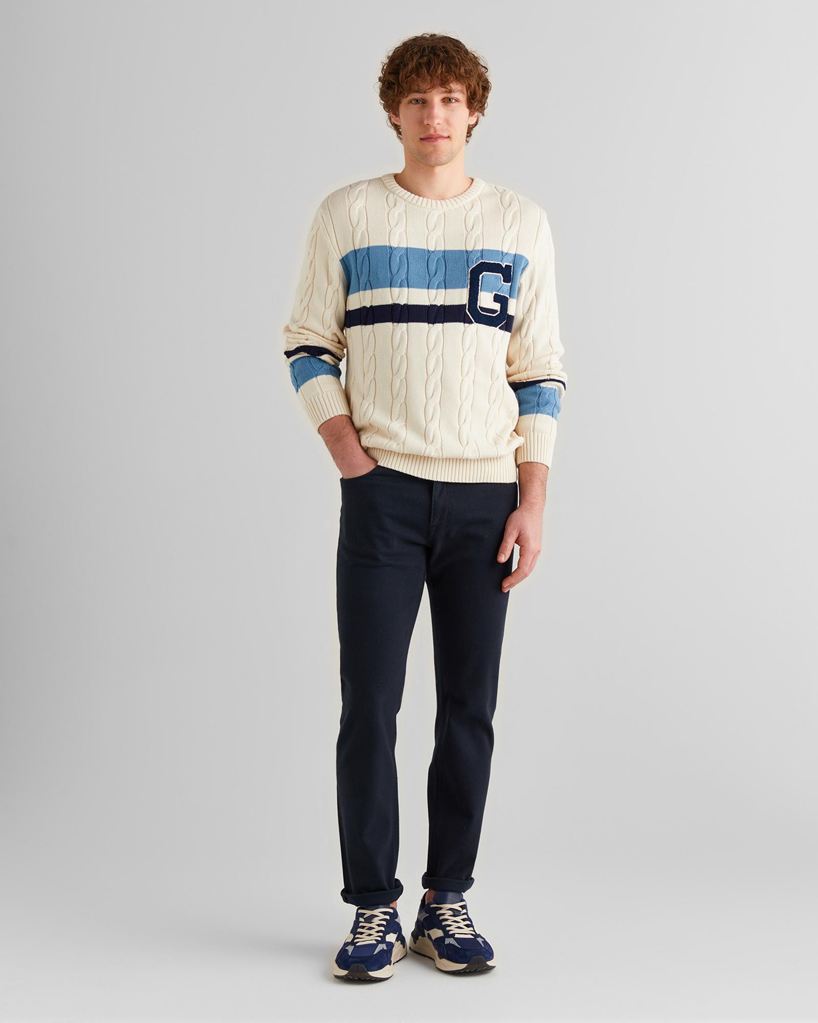 GANT Erkek Krem Relaxed Fit Bisiklet Yaka Renk Bloklu Örgü Kazak